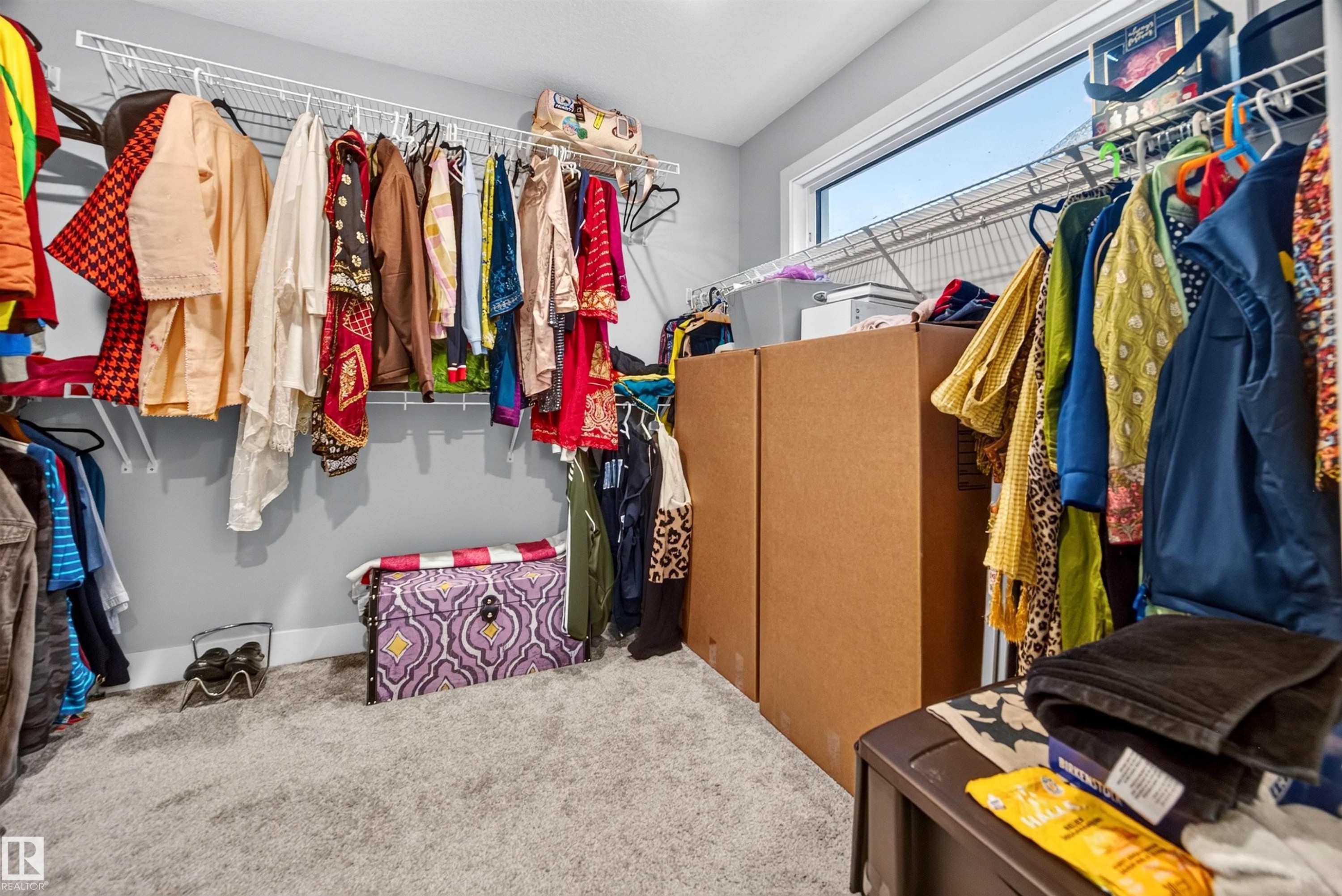 Carpeted closet space featuring extensive wire shelving, ample hanging storage, and a large window - 1603 158 Street, Edmonton, AB