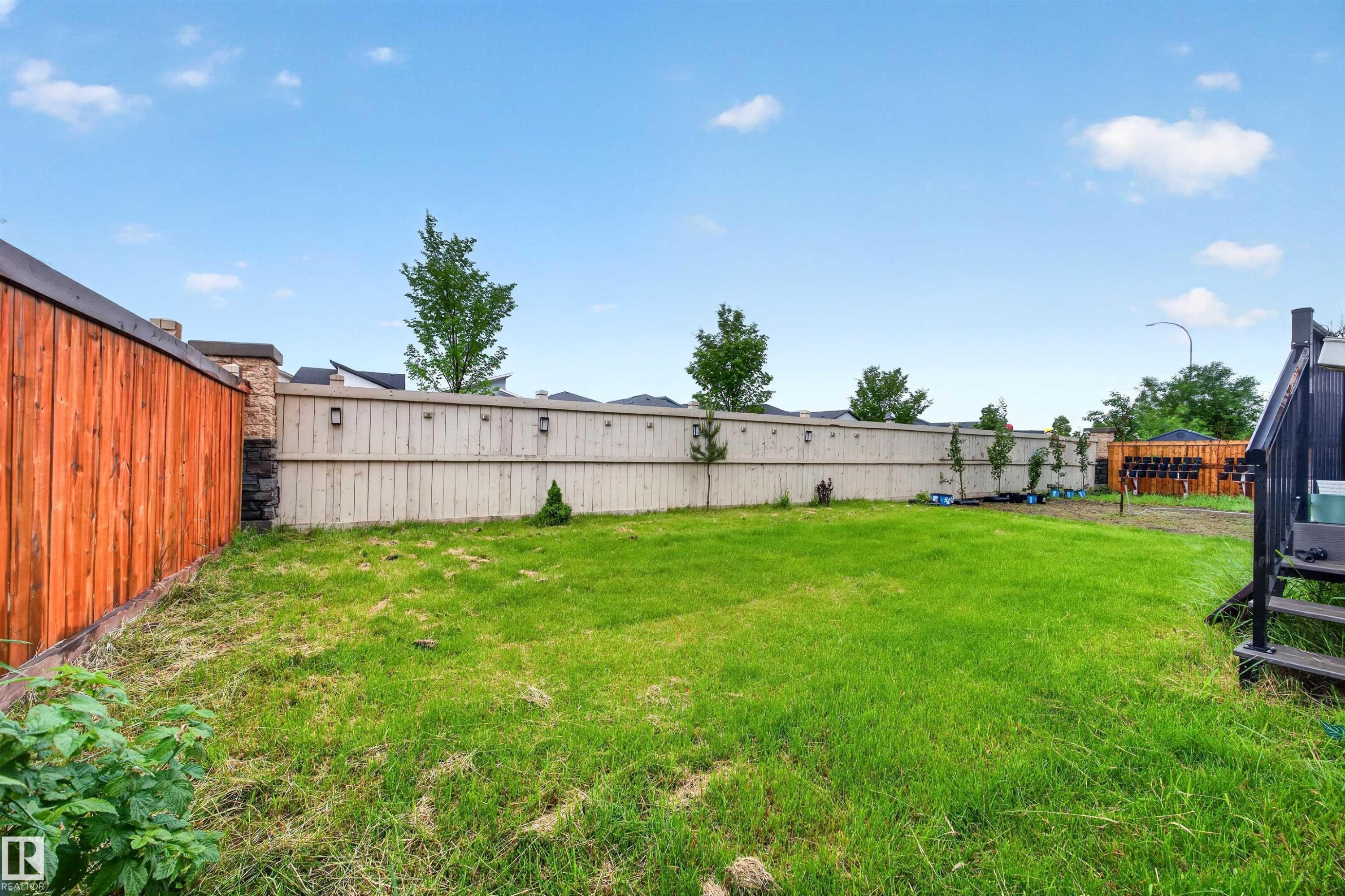 Expansive backyard featuring a green lawn, wood fencing, and a black deck with stairs - 1603 158 Street, Edmonton, AB
