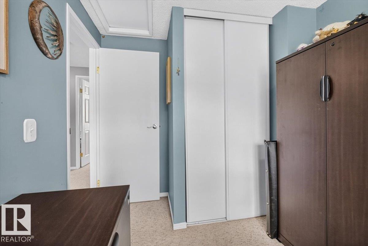 Interior space featuring a white sliding door closet, light-colored carpet, and a white interior door with a brushed nickel handle - 27 Walden Park, St. Albert, AB