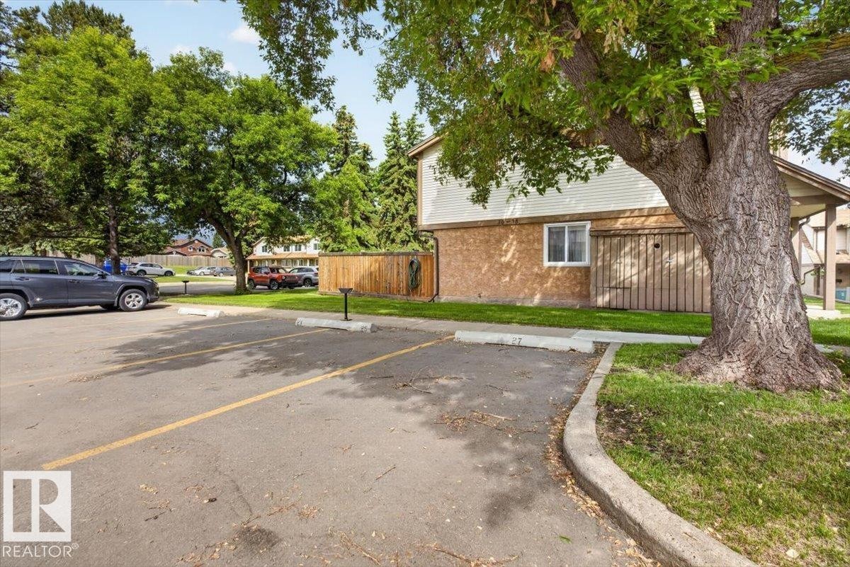 Paved parking area with painted space markers, bordered by a concrete curb and maintained green lawn - 27 Walden Park, St. Albert, AB