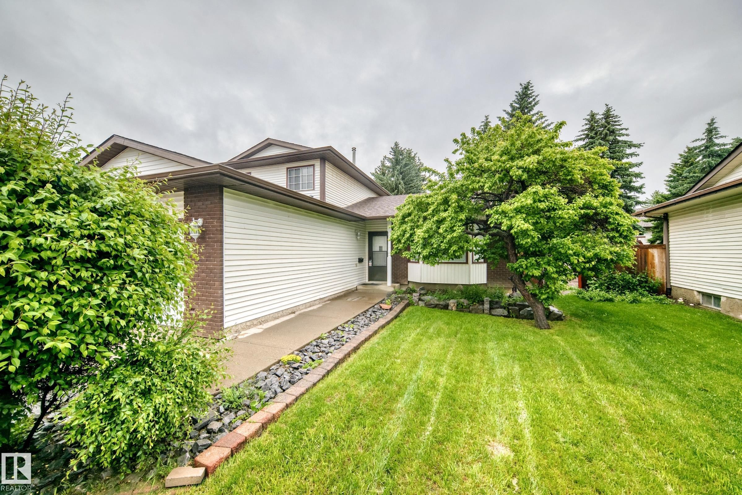 Exterior featuring white siding, brown brick accents, a mature front yard tree, a concrete pathway, and surrounding shrubbery - 9843 188 Street, Edmonton, AB