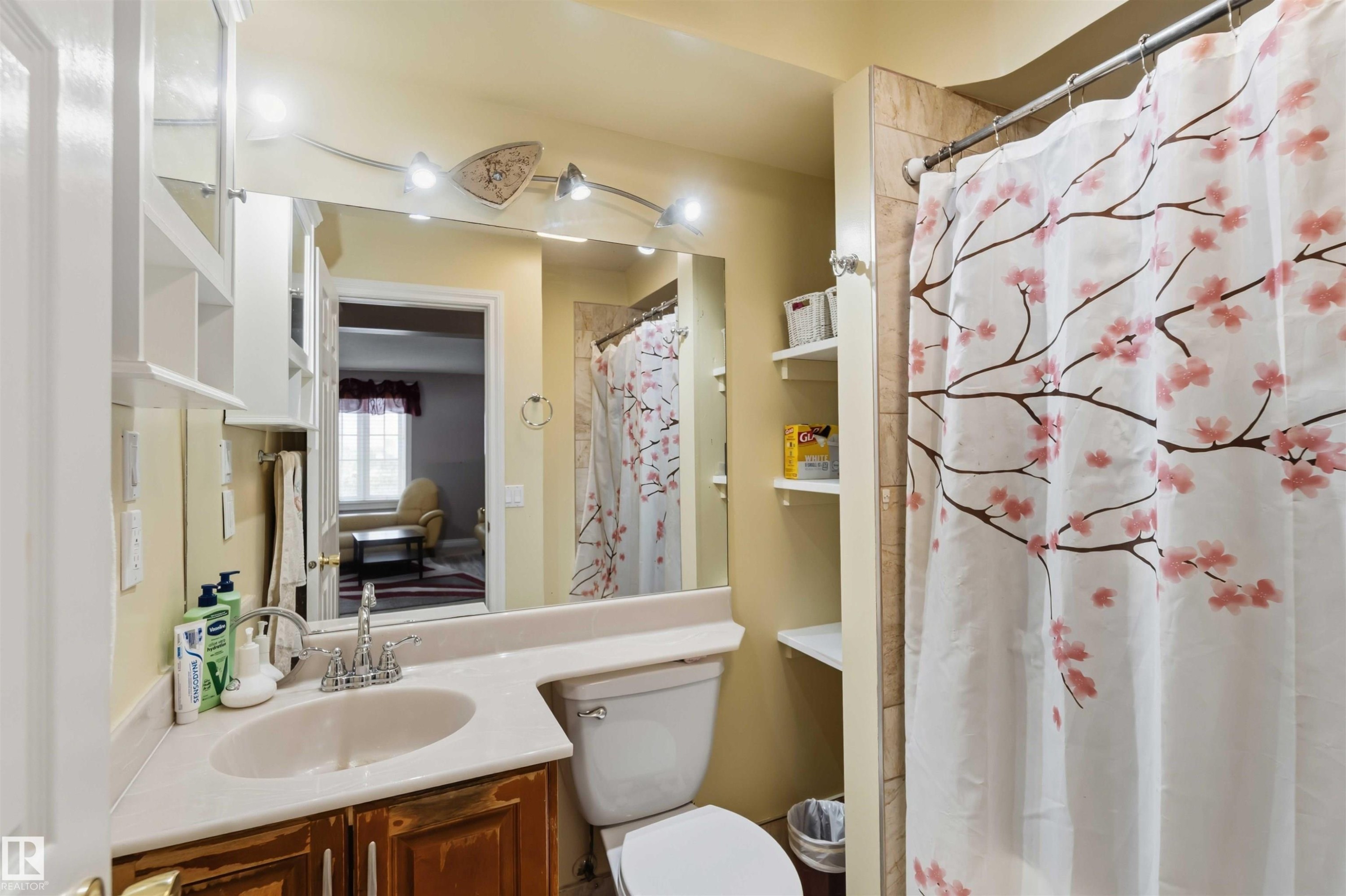Bathroom featuring a single-basin vanity with a light-colored countertop, wood-finish cabinetry, and a toilet - 4428 11A Avenue Nw, Edmonton, AB - Indoor Photo Showing Bathroom