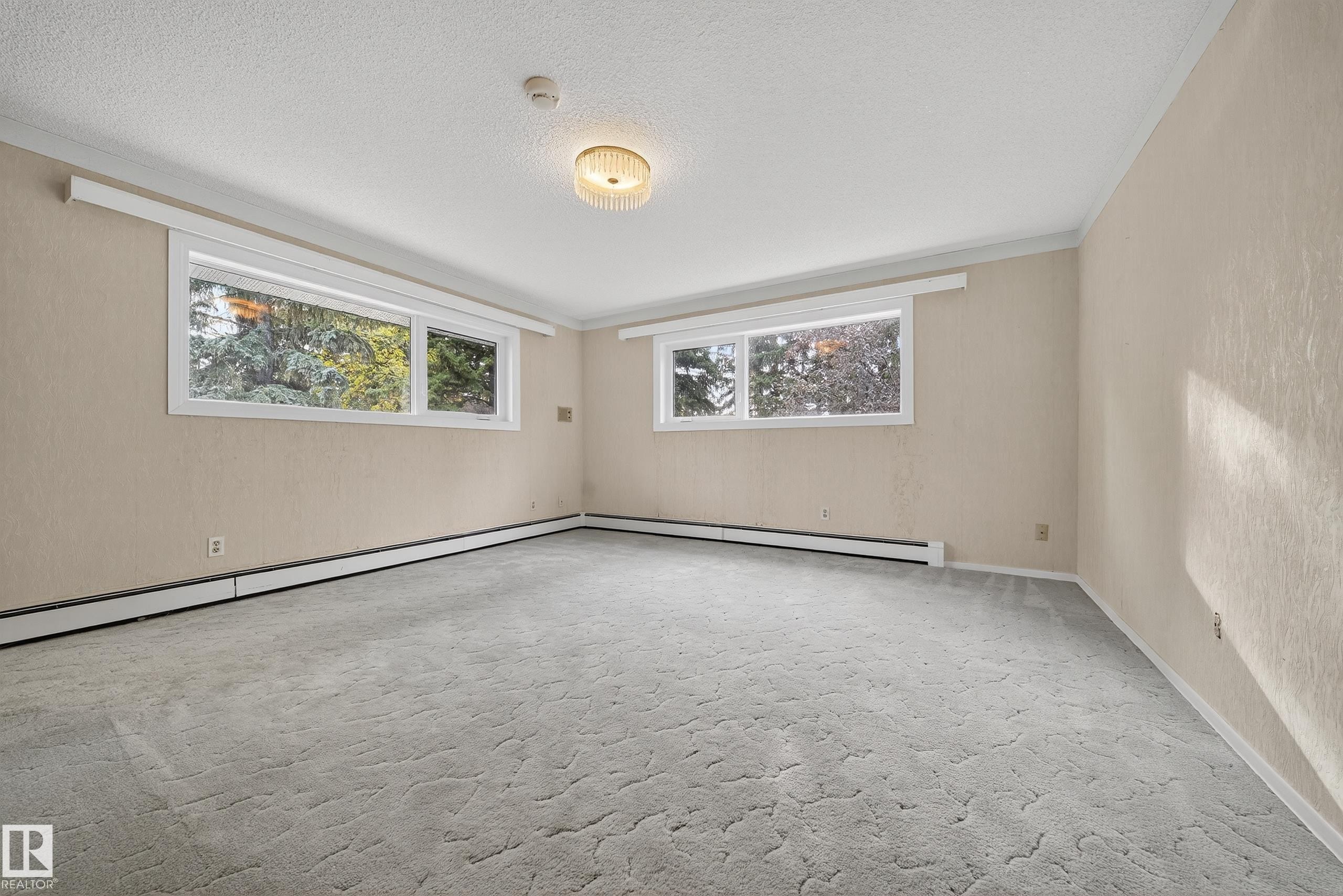 Spacious room featuring textured walls, light-colored carpeting, two large windows, and a ceiling-mounted light fixture - 707 65 Avenue, Edmonton, AB