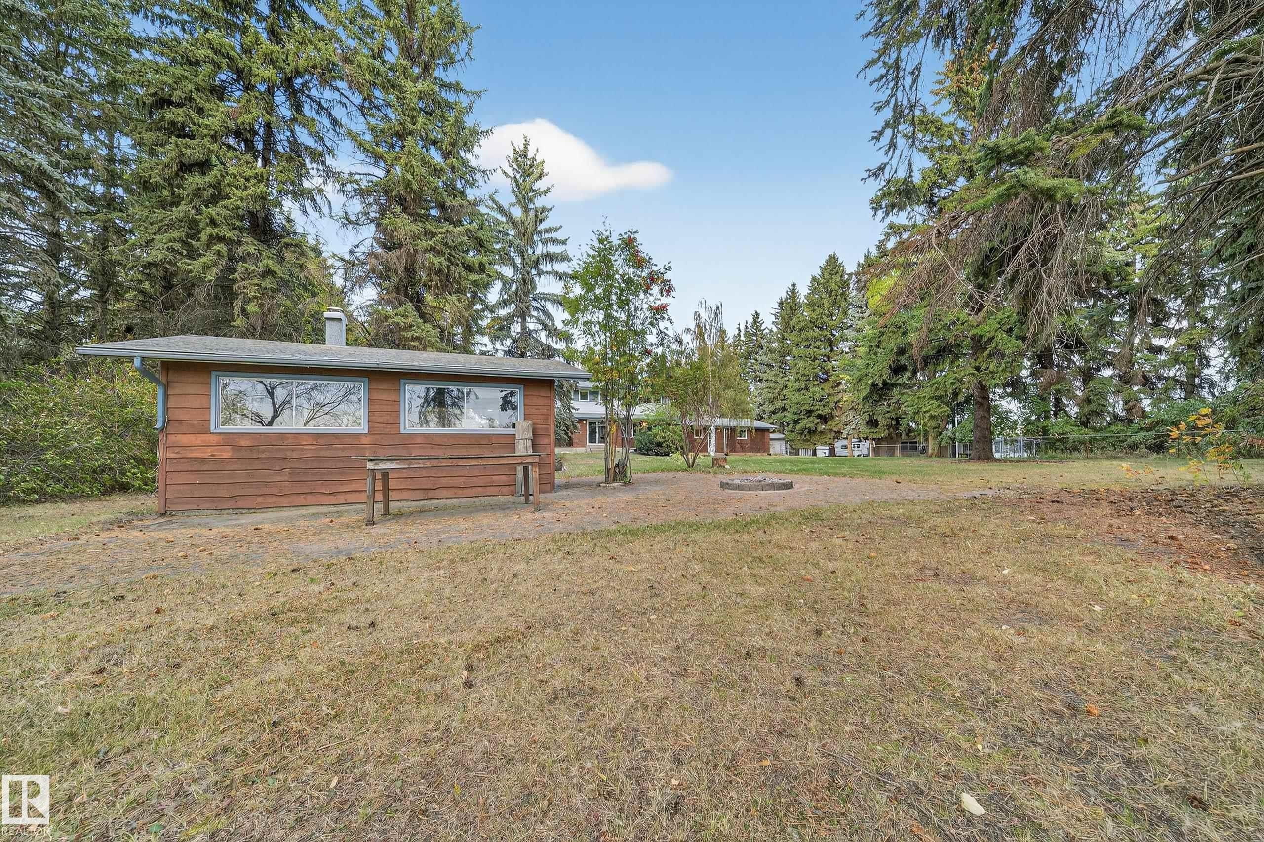 Freestanding wooden structure with multiple windows, surrounded by mature evergreen trees - 707 65 Avenue, Edmonton, AB