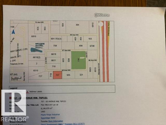 Property Map and Details. Displaying a map with the property highlighted, along with its address, legal description, area, year built, and neighborhood information - 707 65 Avenue, Edmonton, AB