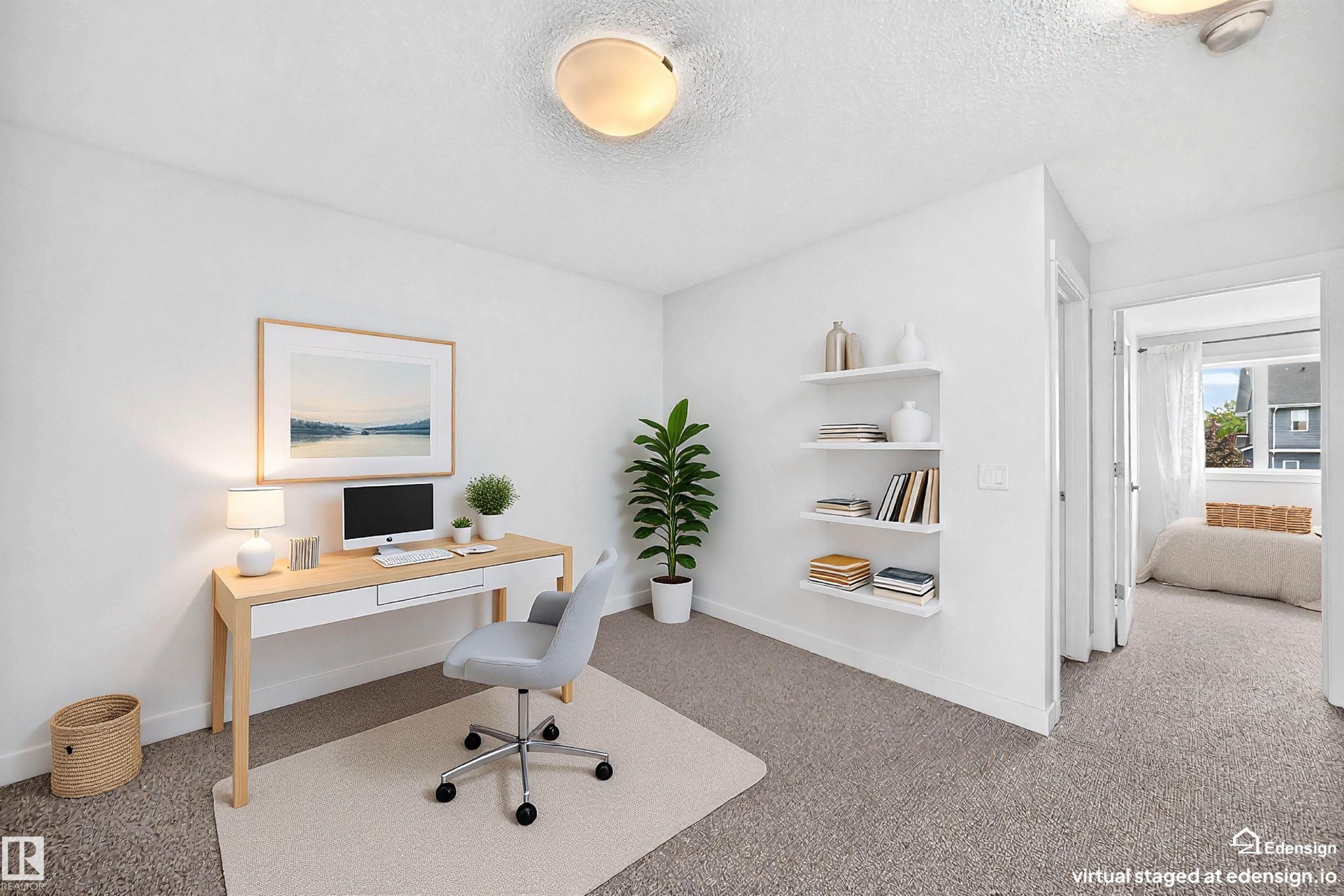 Flexible room featuring neutral-toned carpeting, white walls, and built-in floating shelves - 2433 Glenridding Boulevard, Edmonton, AB
