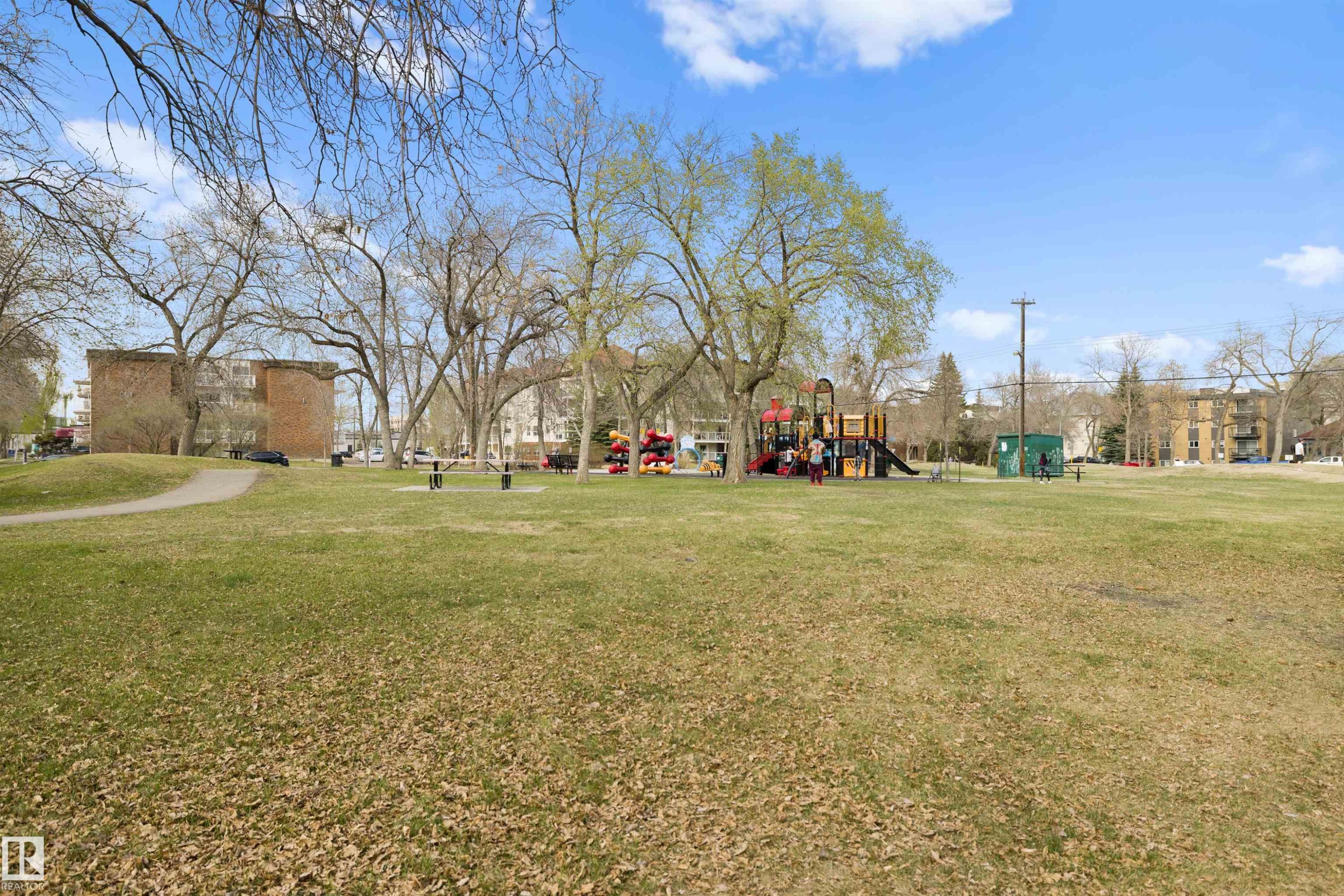 Expansive green space featuring a playground structure with slides and climbing elements, mature trees, and a paved walking path - #206 10232 115 St Nw, Edmonton, AB