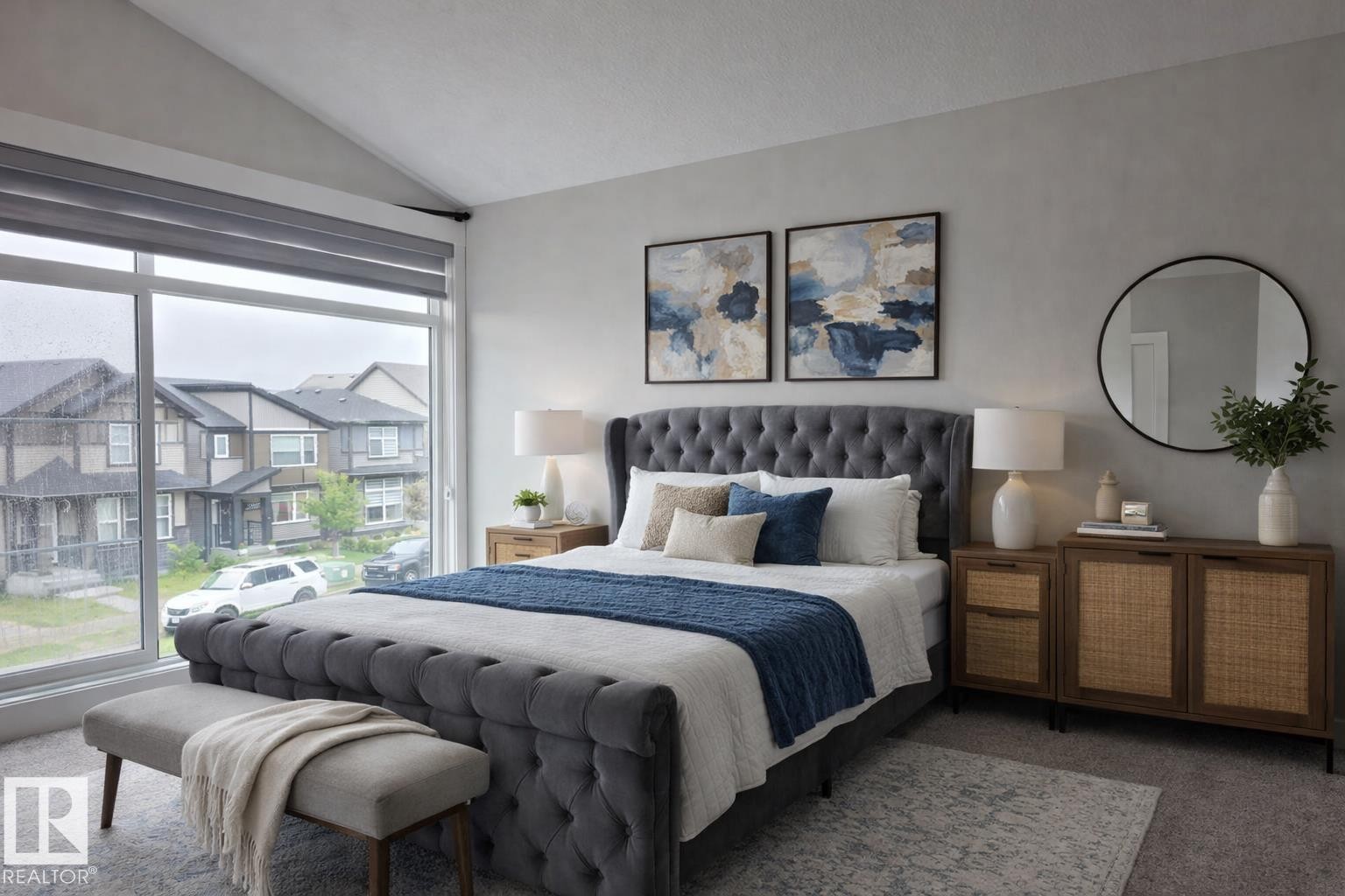 Virtually staged. Spacious bedroom with a vaulted ceiling, large picture windows, and light gray wall finishes - 9952 227 Street, Edmonton, AB