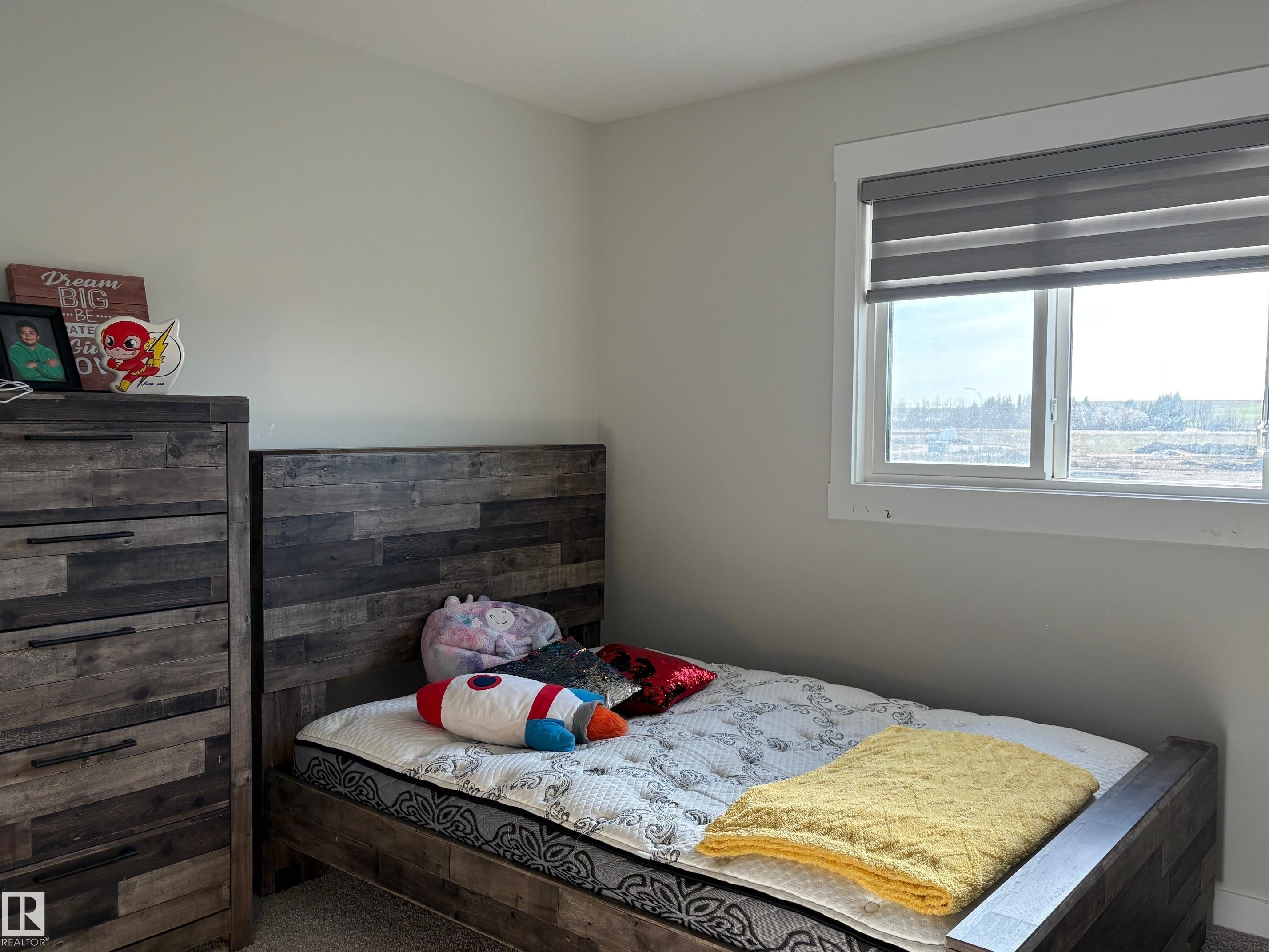 Light-filled room featuring a large window with white trim, gray roller blinds, and neutral wall paint - 9952 227 Street, Edmonton, AB