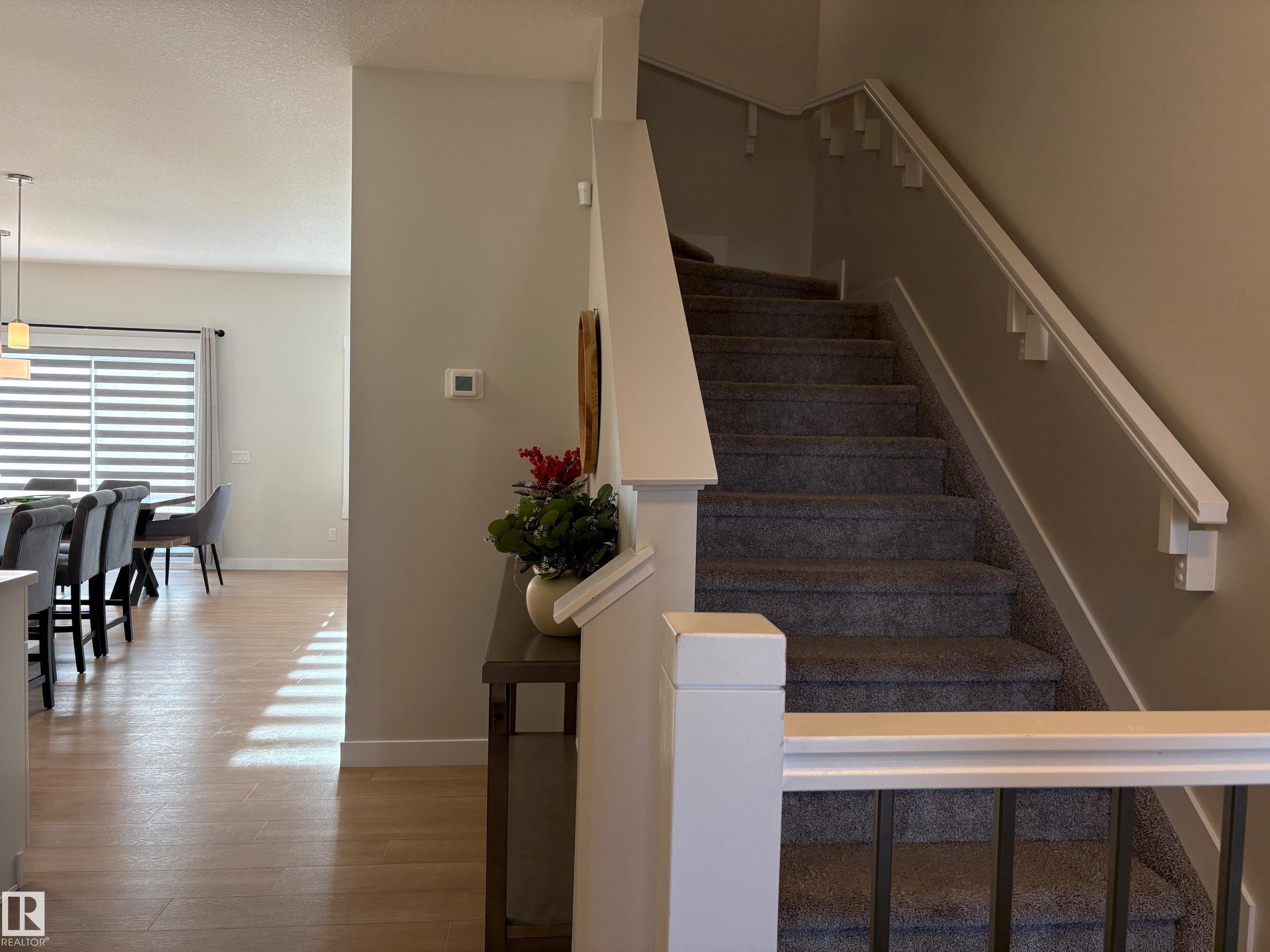 Carpeted staircase with white railings and dark metal balusters - 9952 227 Street, Edmonton, AB