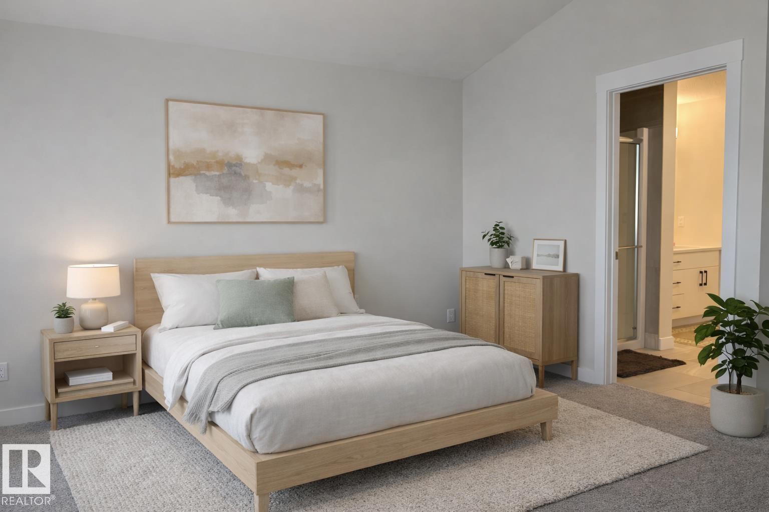 Virtually staged. Carpeted bedroom featuring a light wood-finish bed frame and coordinating nightstands - 9952 227 Street, Edmonton, AB