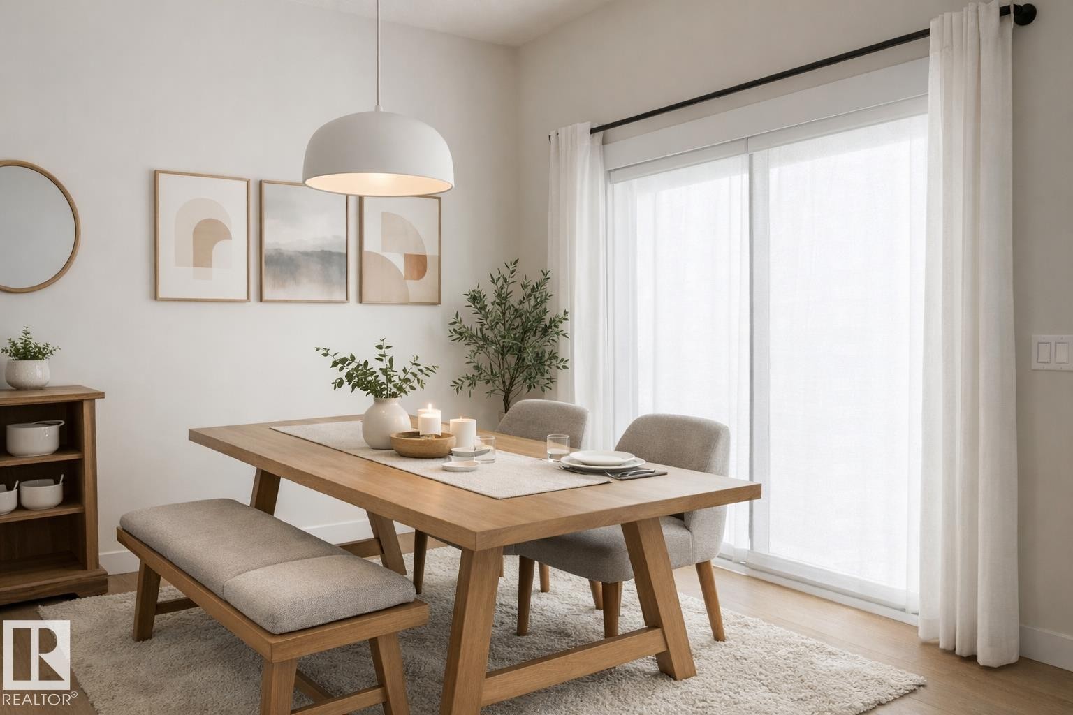 Virtually staged. Dining area featuring a contemporary pendant light fixture, wood-finish flooring, and white walls - 9952 227 Street, Edmonton, AB