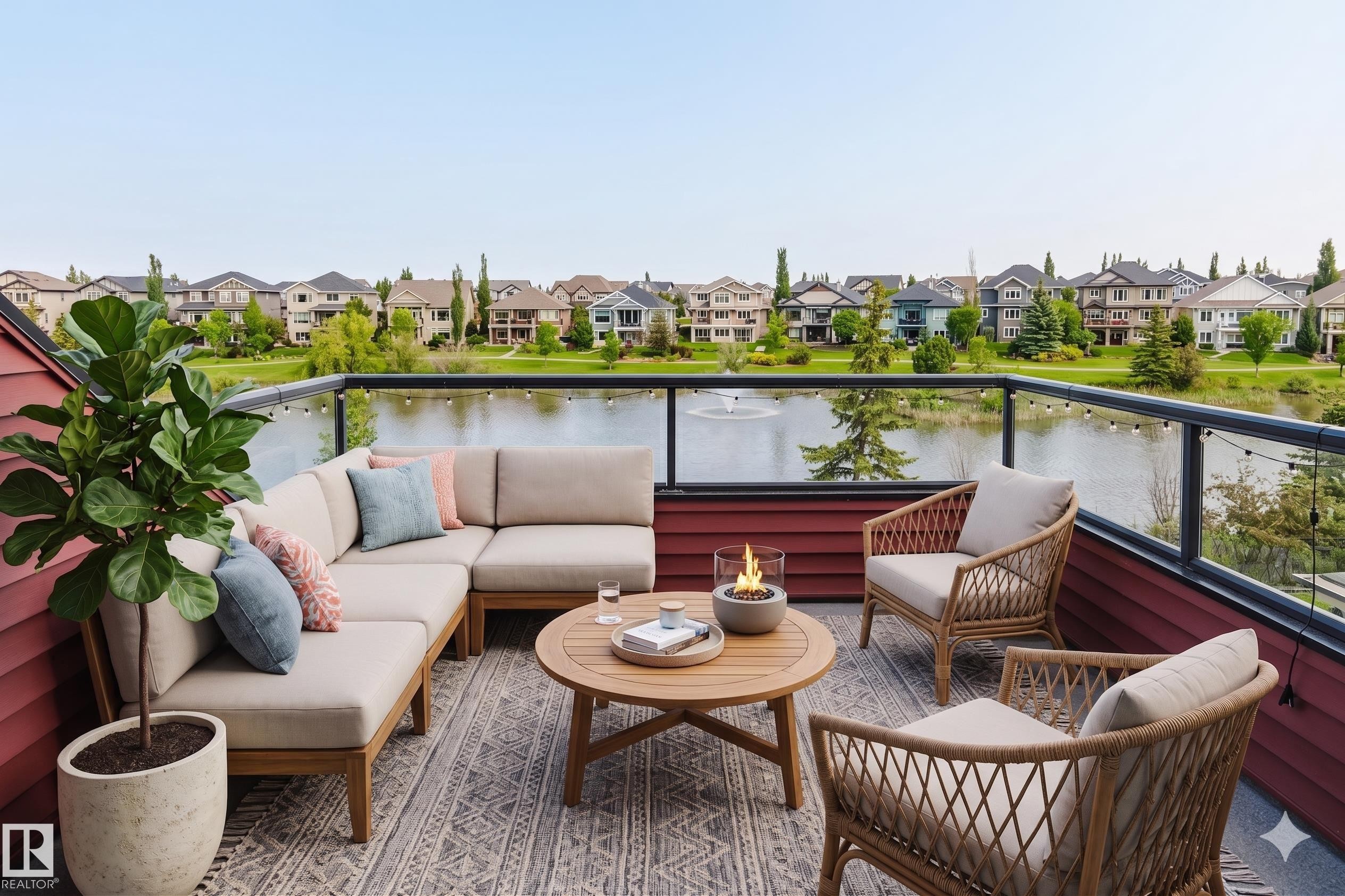 Expansive outdoor deck featuring a glass railing, water frontage, and a red siding exterior - 3438 West Landing Landing, Edmonton, AB