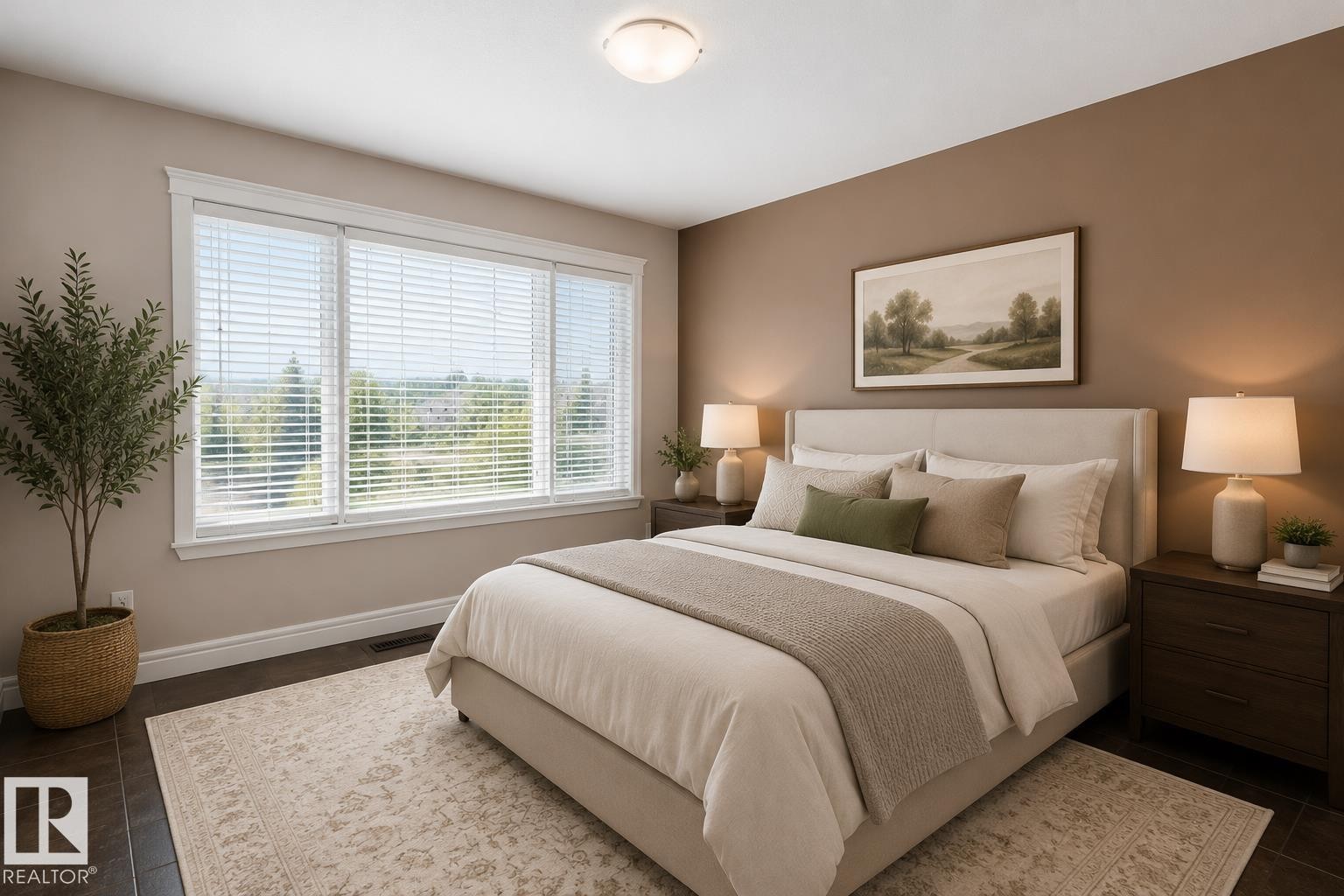 Expansive window wall with white wood blinds, dark wood-finish flooring, and a neutral color palette - 3438 West Landing Landing, Edmonton, AB