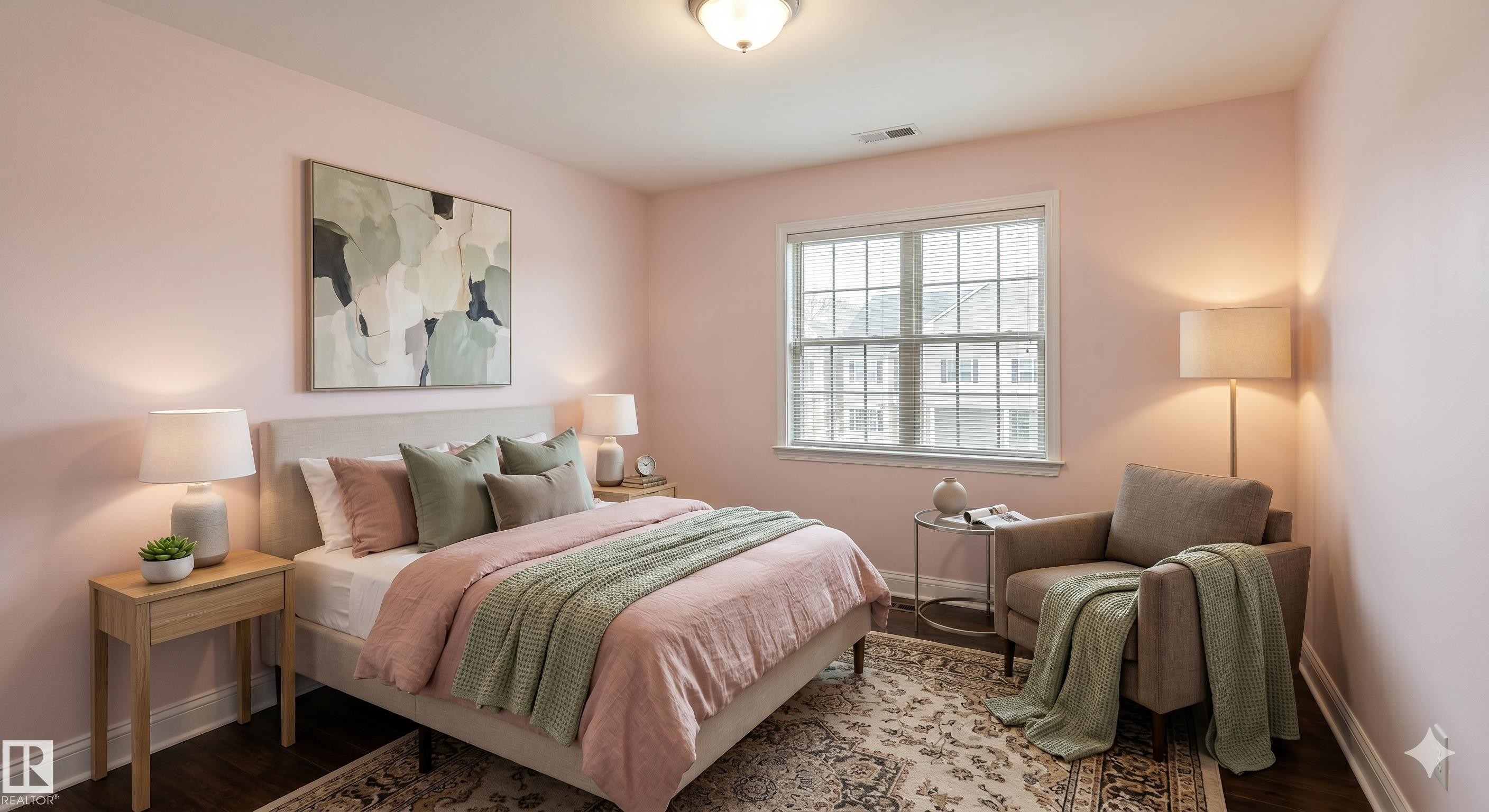 Bedroom featuring a large window with gridded panes, dark wood-finish flooring, and a ceiling-mounted light fixture - 3438 West Landing Landing, Edmonton, AB
