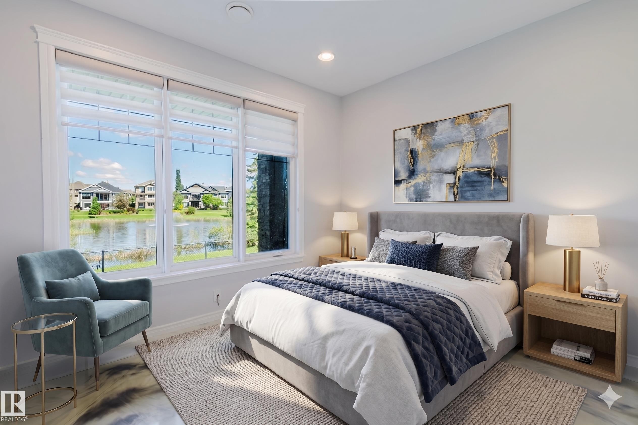 Expansive windows frame a tranquil water feature and surrounding properties - 3438 West Landing Landing, Edmonton, AB