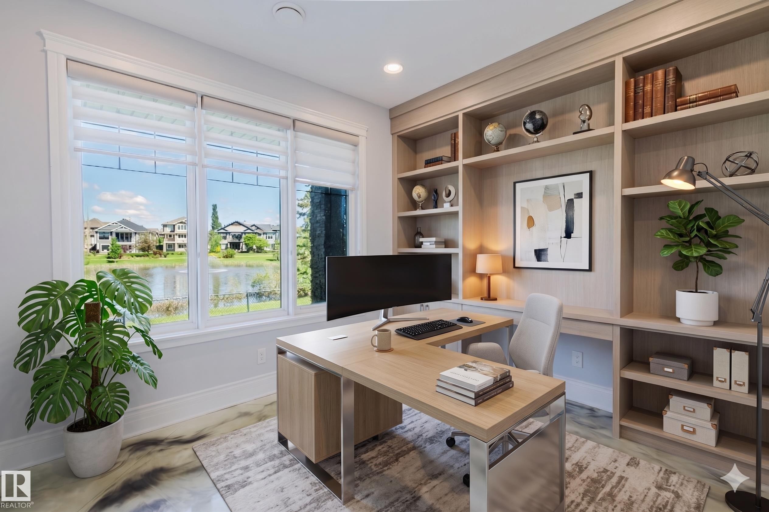Dedicated workspace featuring expansive windows with a water backdrop, custom built-in shelving, wood-finish flooring, and a contemporary desk system - 3438 West Landing Landing, Edmonton, AB