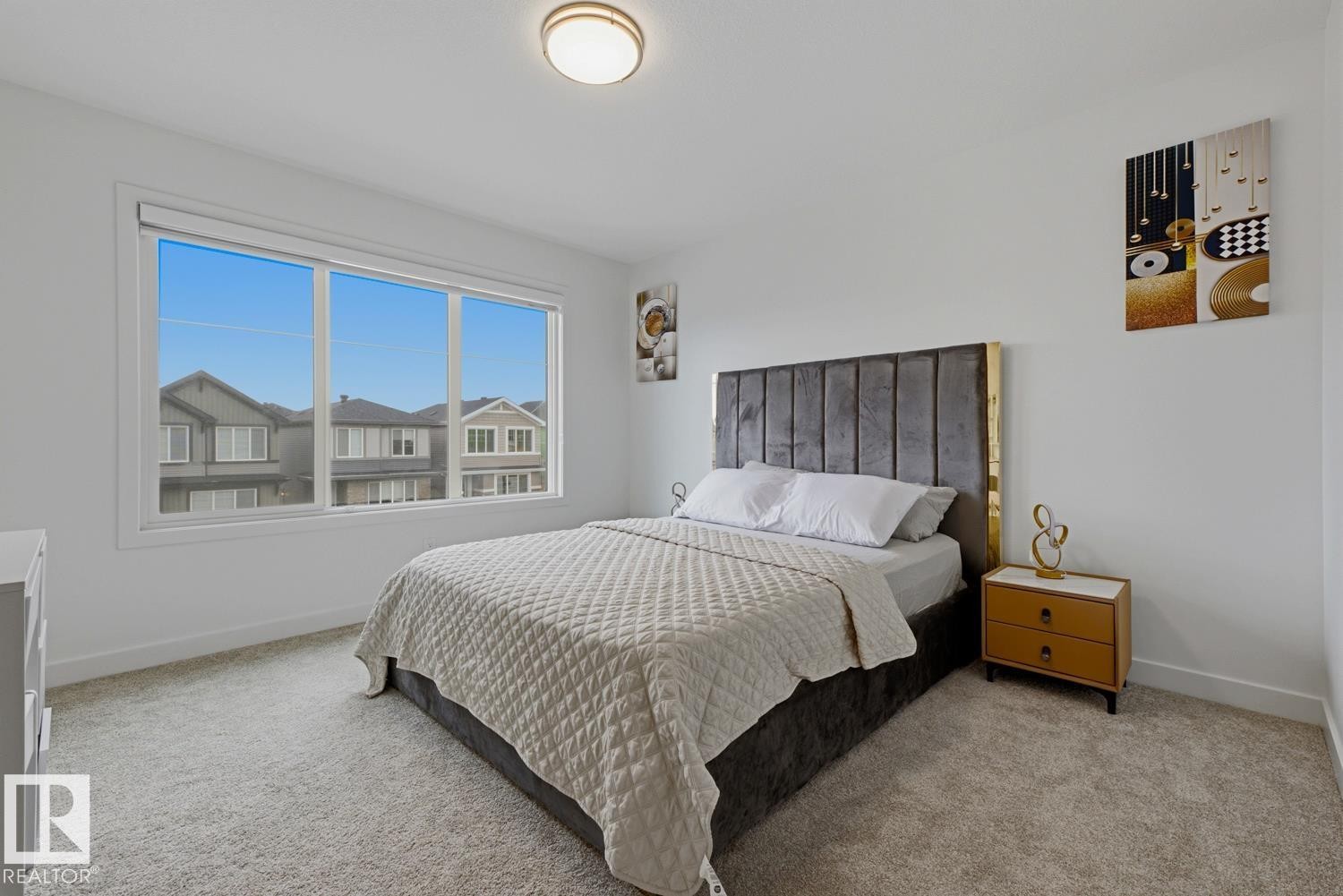 Spacious room with plush gray carpet and a large window featuring white trim - 22924 82 Ave Nw, Edmonton, AB - Indoor Photo Showing Bedroom