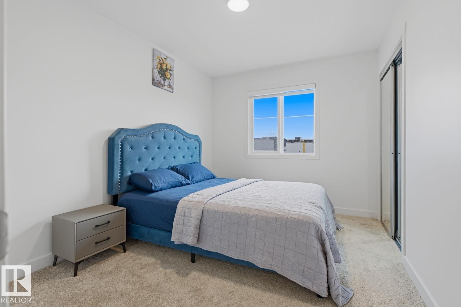 Bright room featuring a window with white trim, light-toned carpeting, and a mirrored closet - 22924 82 Ave Nw, Edmonton, AB - Indoor Photo Showing Bedroom