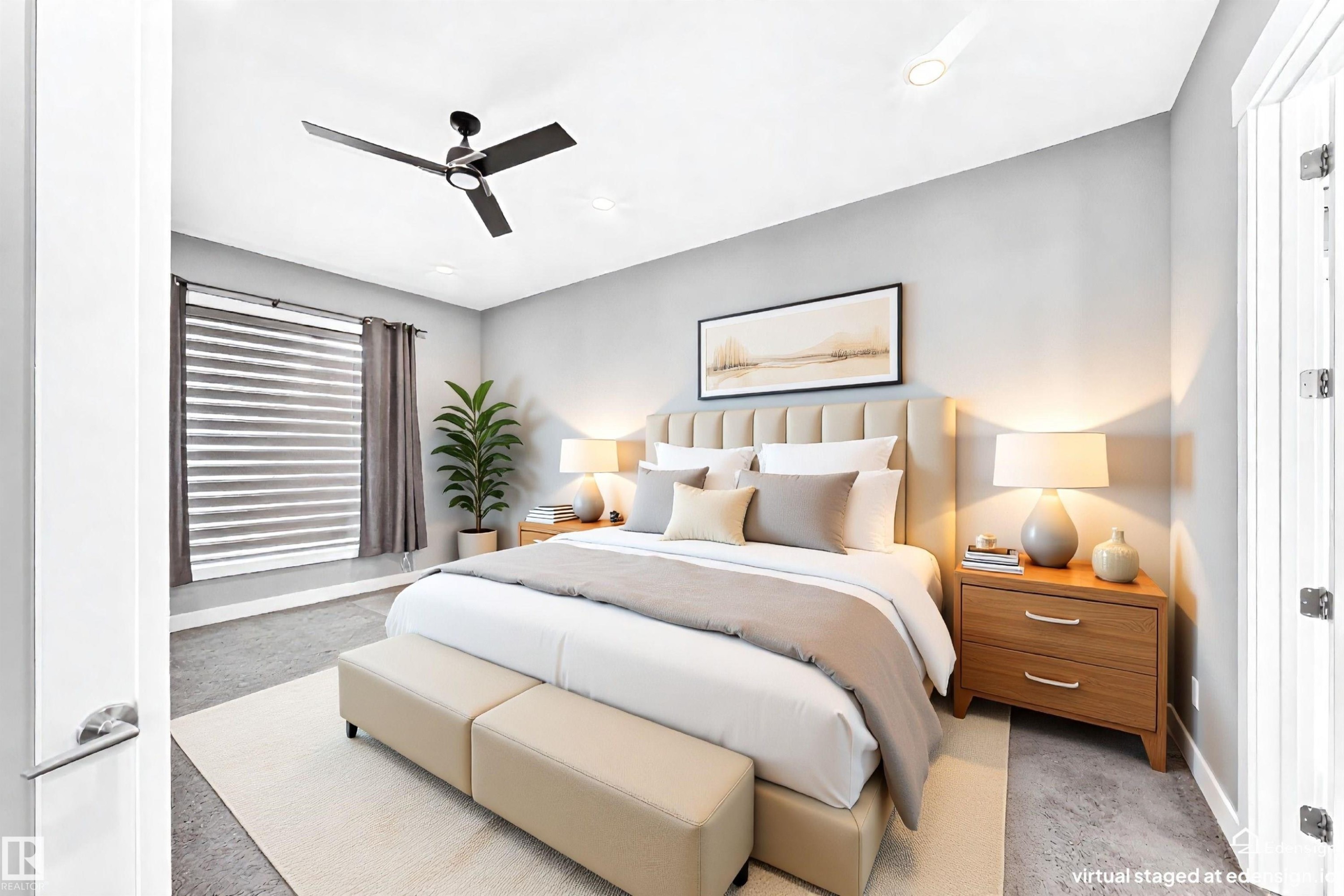 Spacious bedroom featuring light gray walls, carpet flooring, a modern ceiling fan, and recessed lighting - 1781 Melrose Crescent, Edmonton, AB