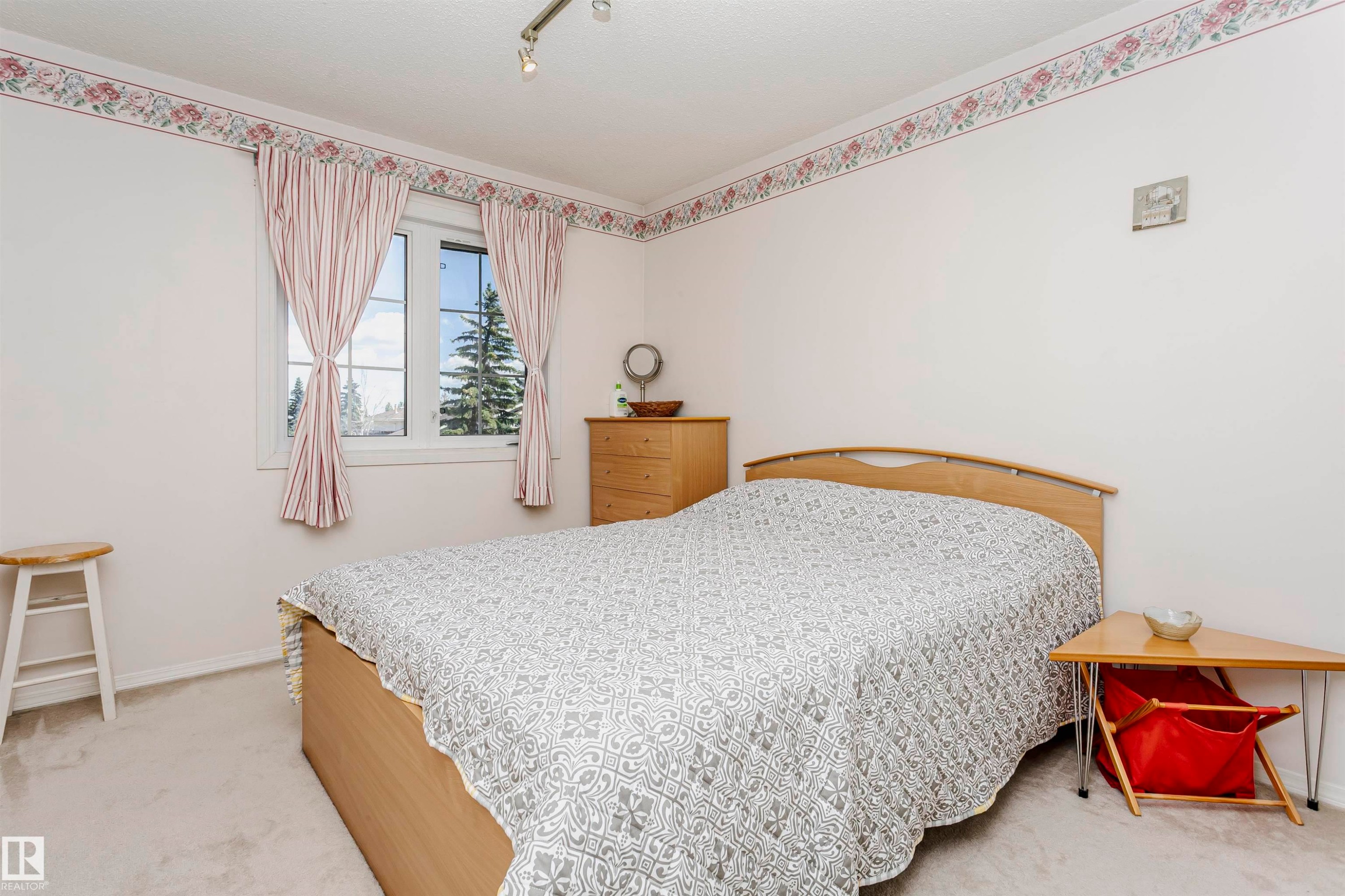 Bright room featuring a window with exterior tree views, wall-to-wall carpeting, and a track lighting fixture - 11023 11A Avenue Nw, Edmonton, AB - Indoor Photo Showing Bedroom