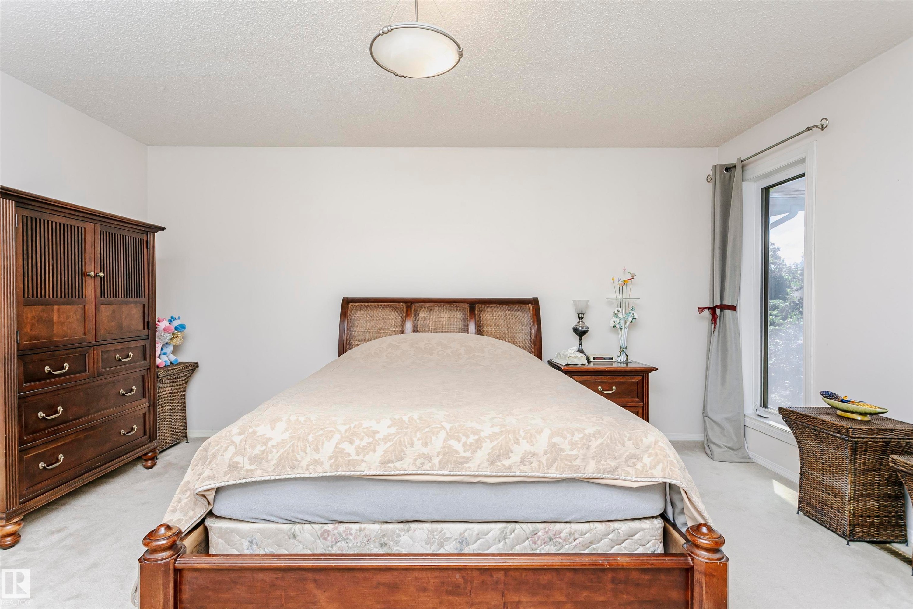 Bedroom with light-colored carpeting, a single window, and a ceiling-mounted light fixture - 11023 11A Avenue Nw, Edmonton, AB - Indoor Photo Showing Bedroom