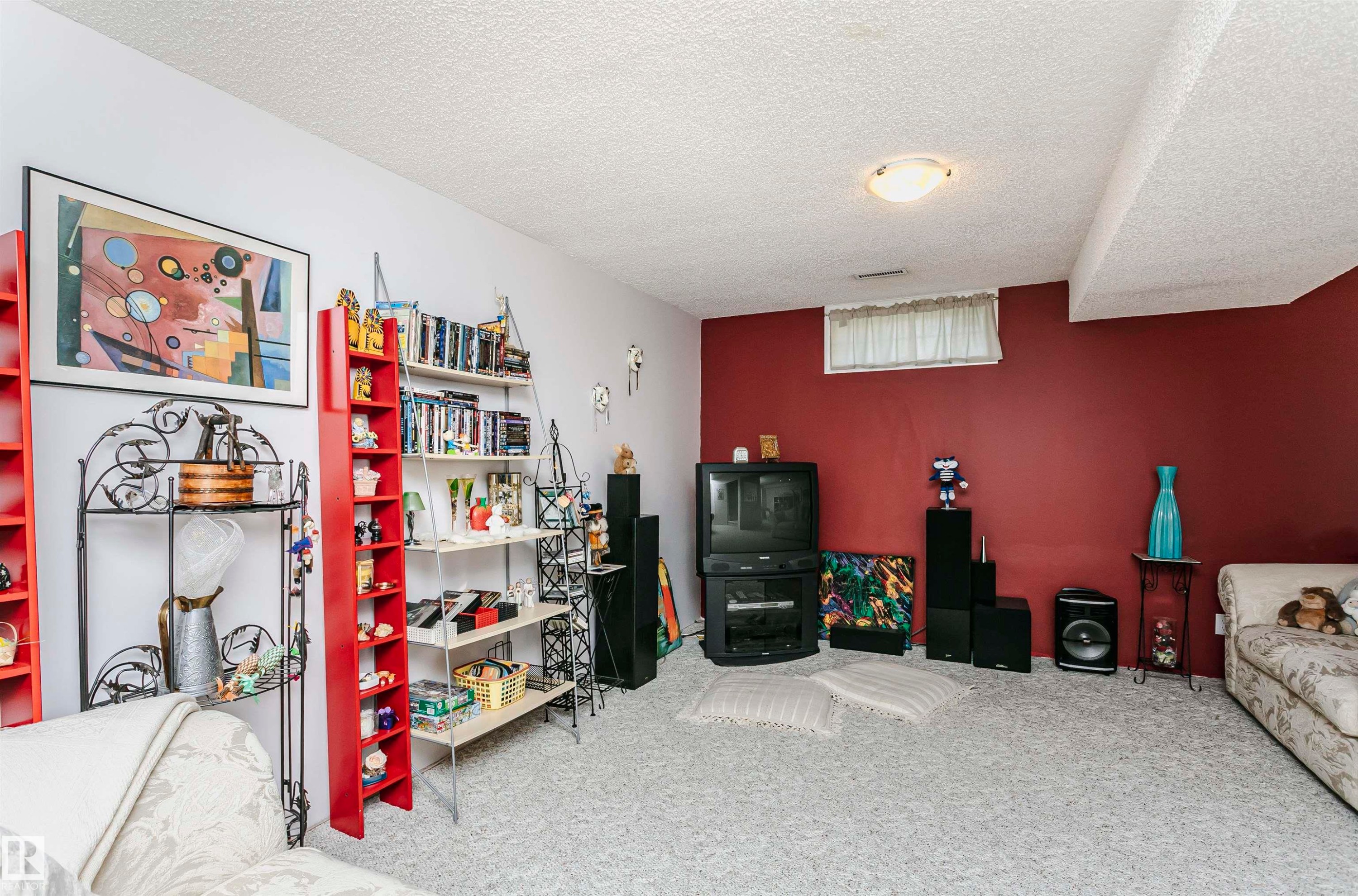 Spacious room featuring textured carpeting and a painted accent wall - 11023 11A Avenue Nw, Edmonton, AB - Indoor