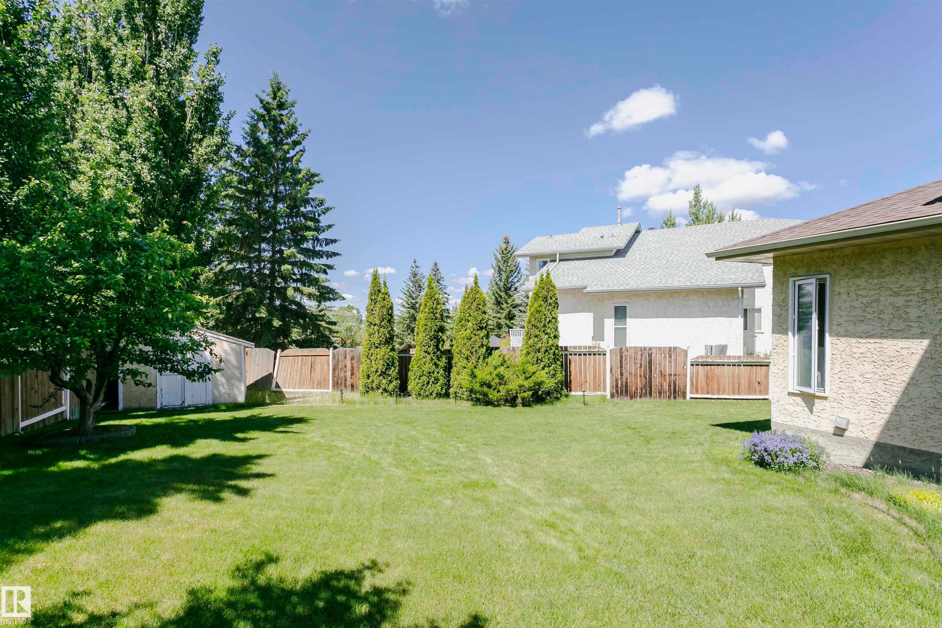 Spacious backyard featuring a manicured lawn, established trees, and a storage shed - 11023 11A Avenue Nw, Edmonton, AB - Outdoor