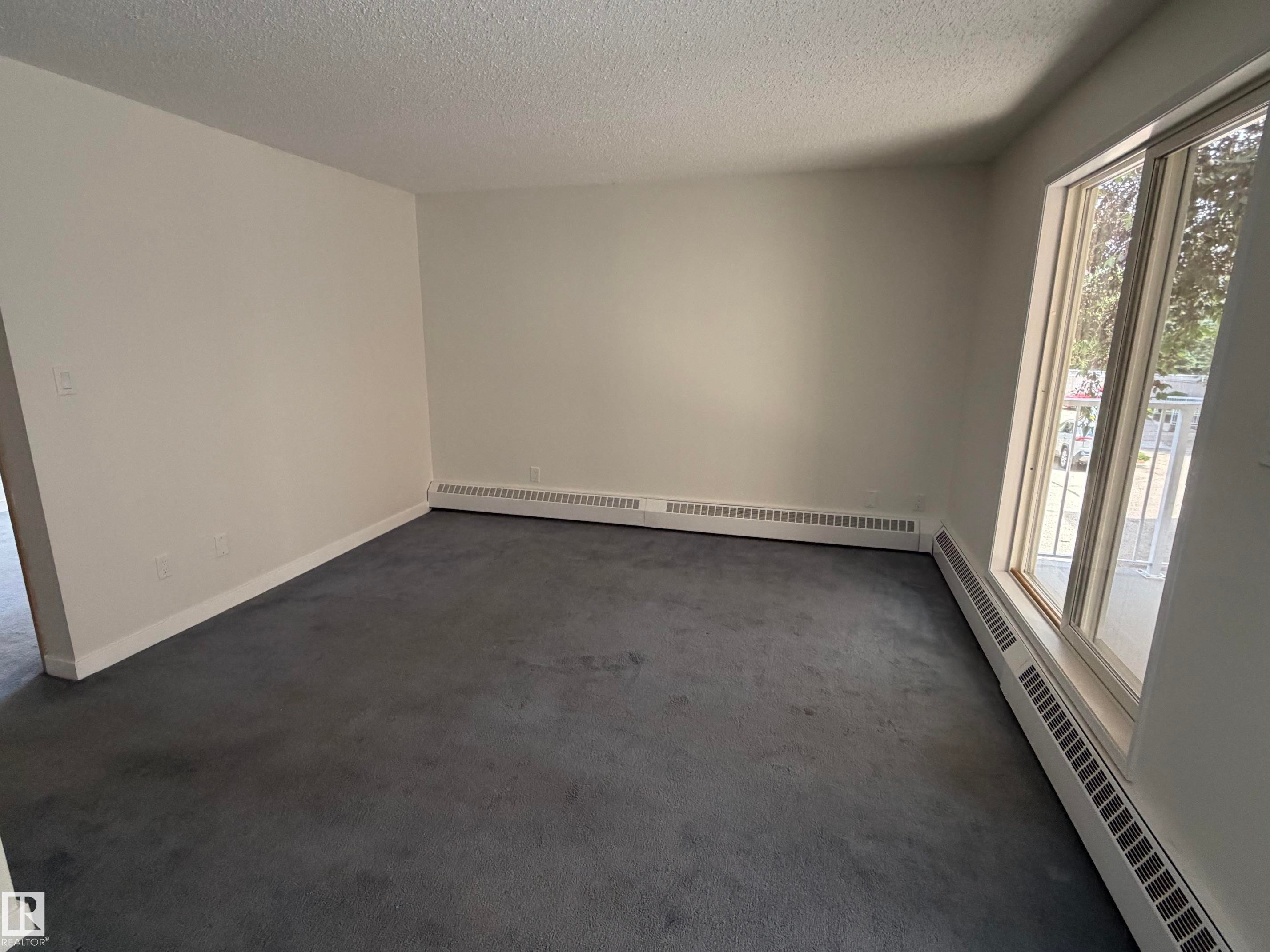Spacious room featuring light-colored walls, dark carpeting, and a large window providing natural light - 213 17467 98A Avenue, Edmonton, AB