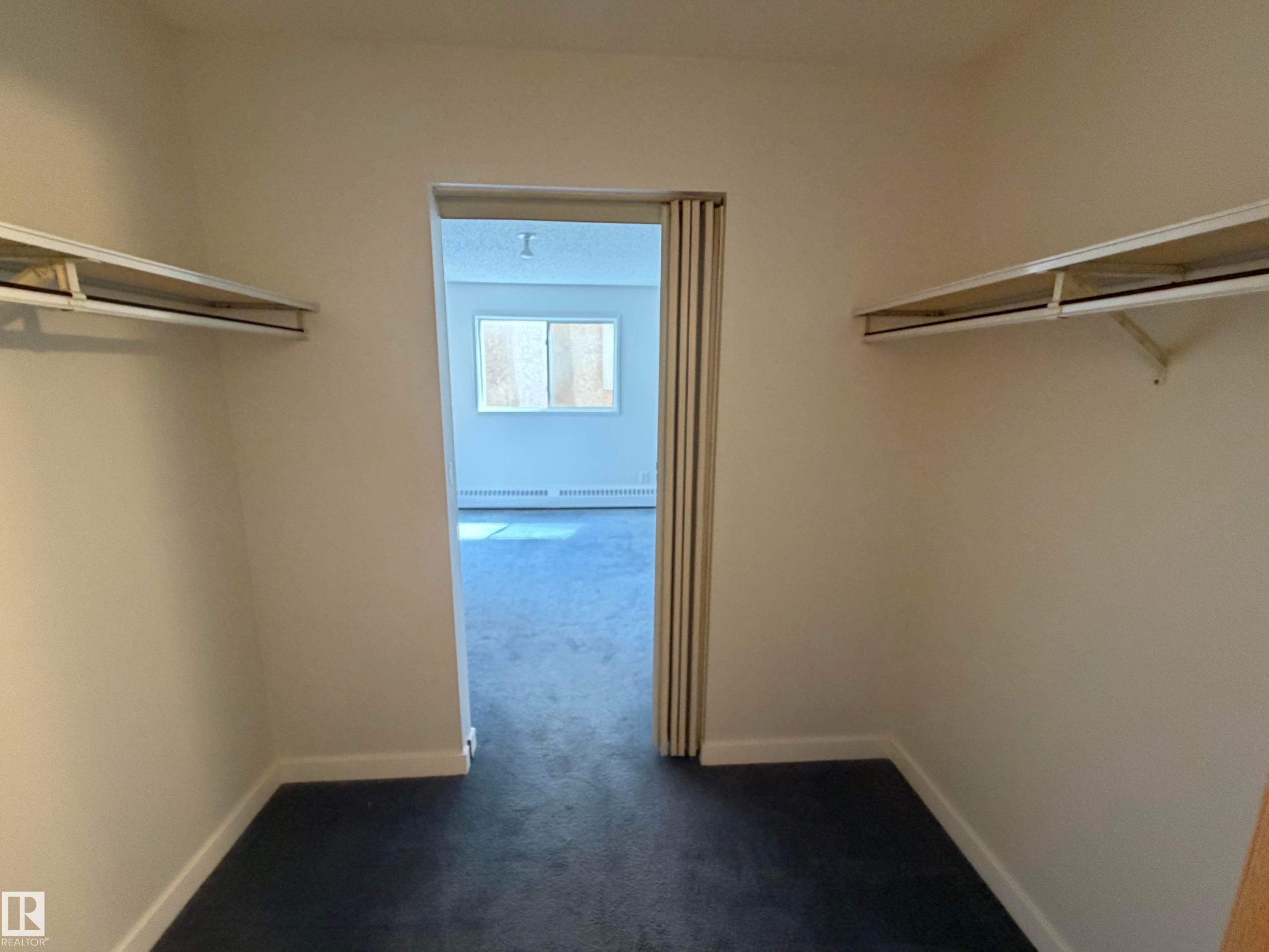 Walk-in closet featuring carpet flooring, built-in shelving, and a hanging rod - 213 17467 98A Avenue, Edmonton, AB
