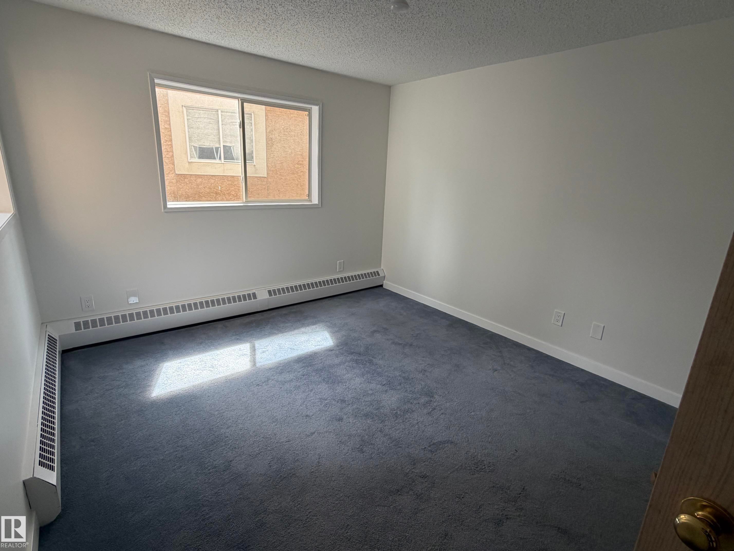 Carpeted room featuring a white interior, baseboard heating, and a window with horizontal blinds - 213 17467 98A Avenue, Edmonton, AB