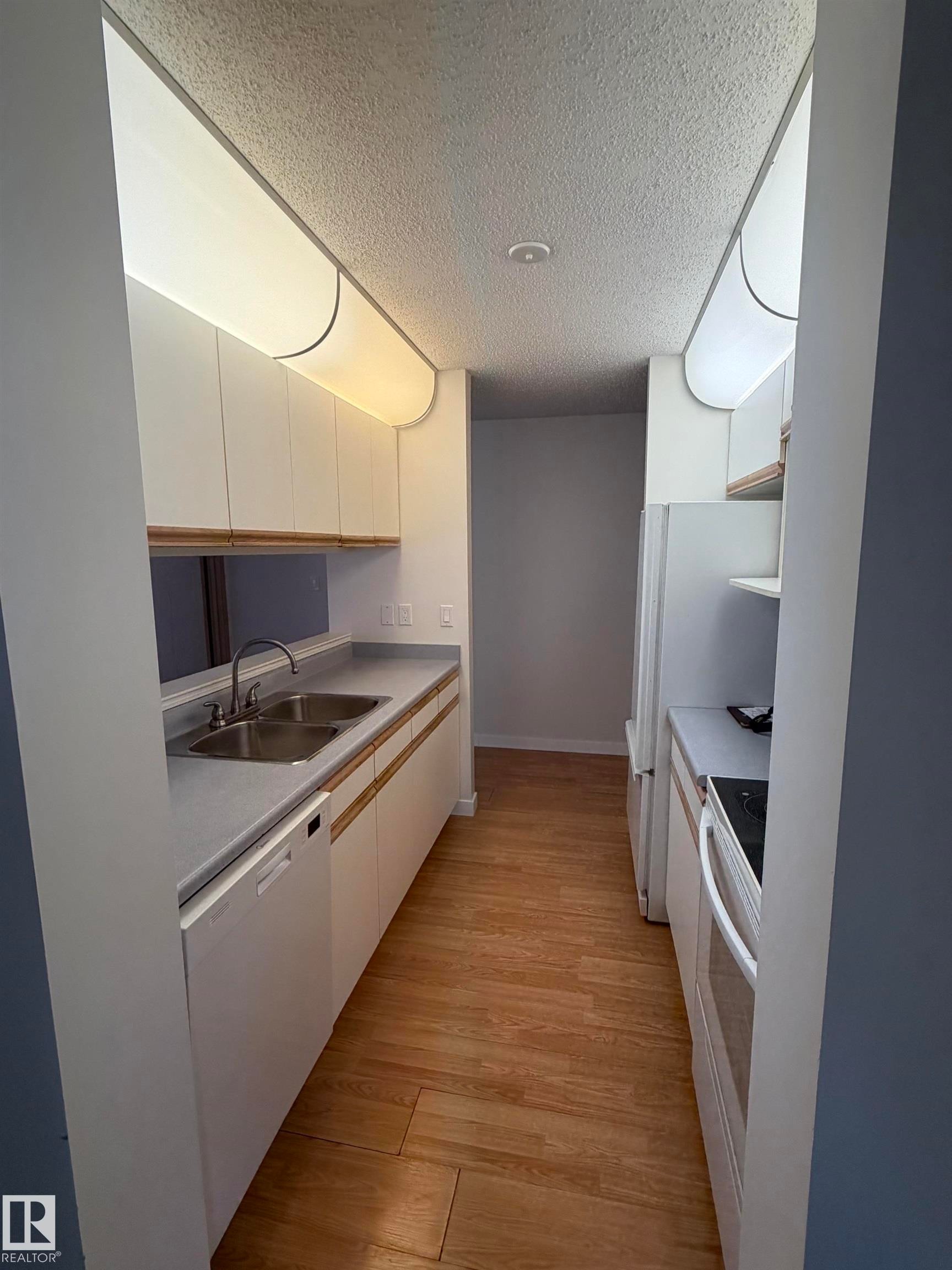 Galley-style kitchen featuring wood-finish flooring, white cabinetry, a double basin sink, and a built-in dishwasher - 213 17467 98A Avenue, Edmonton, AB