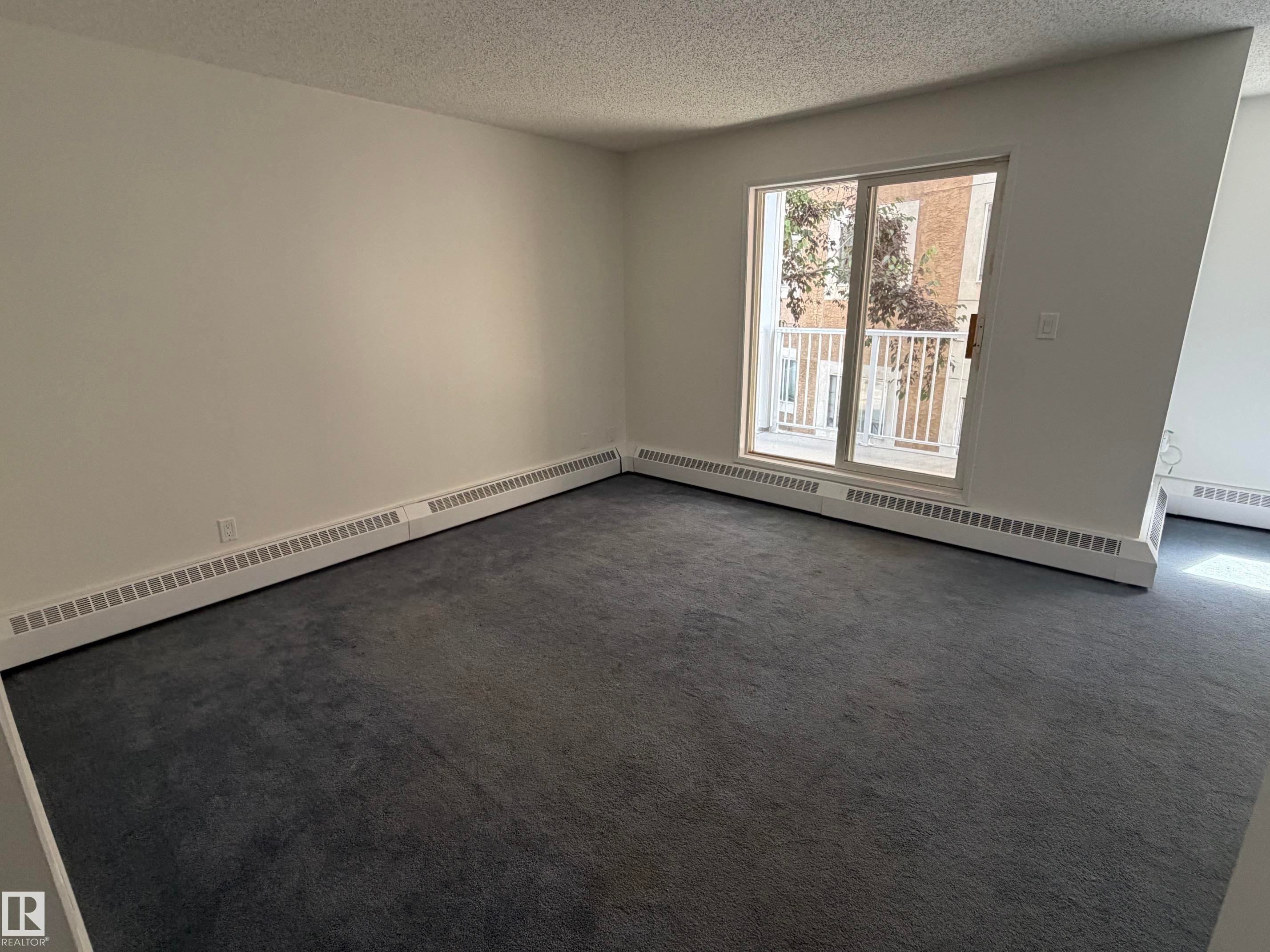 Spacious room featuring gray carpeting, white walls, and a sliding glass door providing access to an outdoor balcony with white railings - 213 17467 98A Avenue, Edmonton, AB