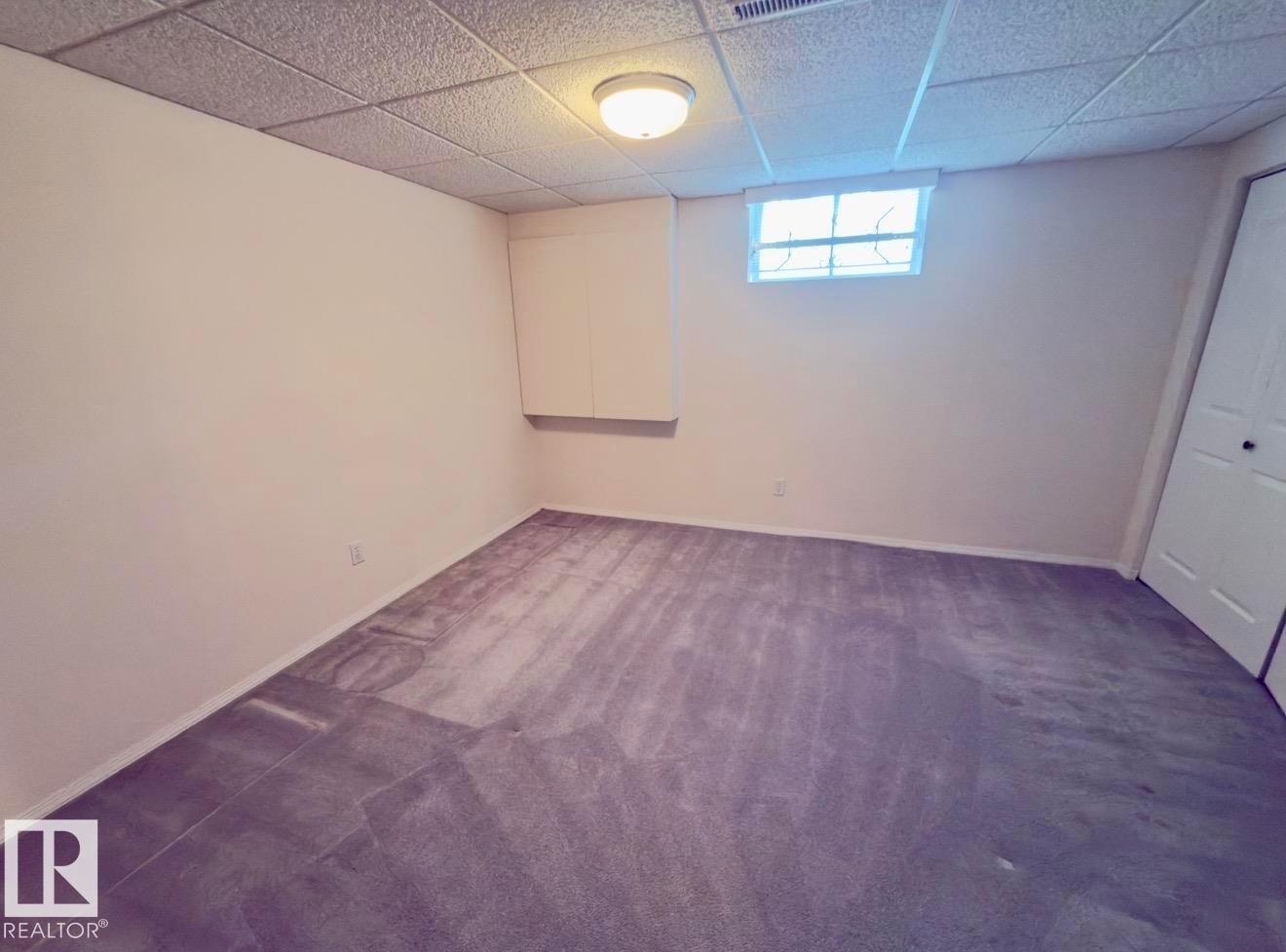 Neutral wall paint with baseboard trim, plush carpet flooring, a drop-ceiling, and a flush-mount overhead light fixture - 134 Wolf Ridge Place, Edmonton, AB