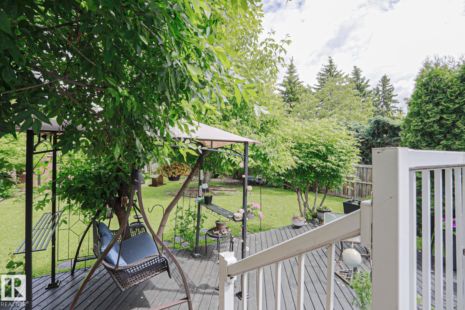 Expansive backyard featuring a dark wood-finish deck with white railings, a covered gazebo, and a manicured lawn surrounded by mature trees - 2007 67 Street, Edmonton, AB