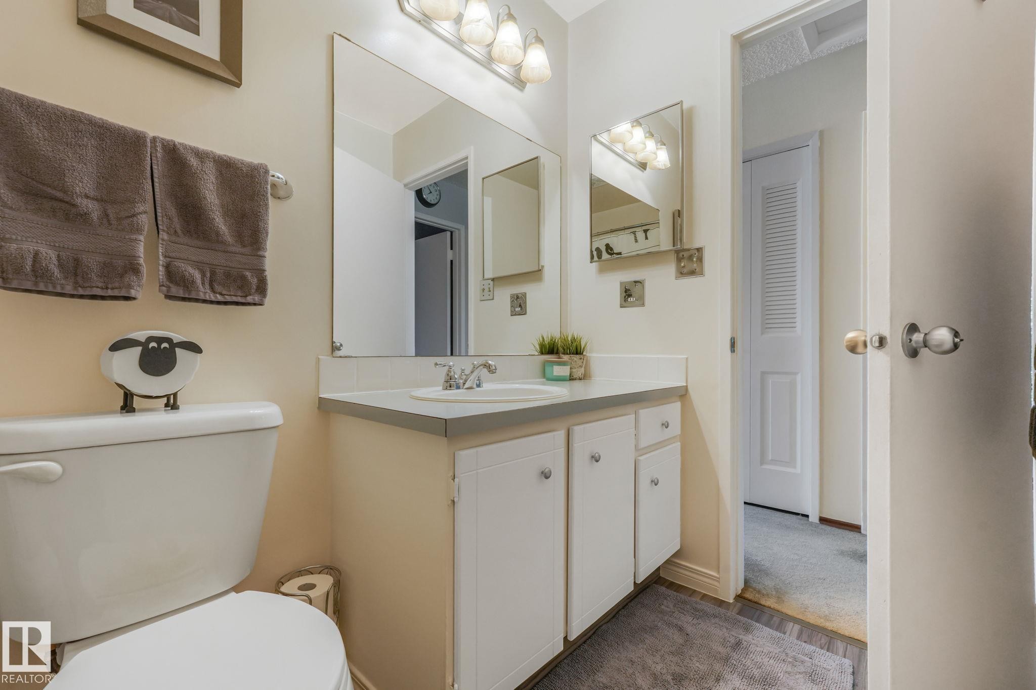 Bathroom featuring a single vanity with a white basin sink, polished chrome faucet, and a large wall-mounted mirror with an overhead light fixture - 17237 104 Street, Edmonton, AB