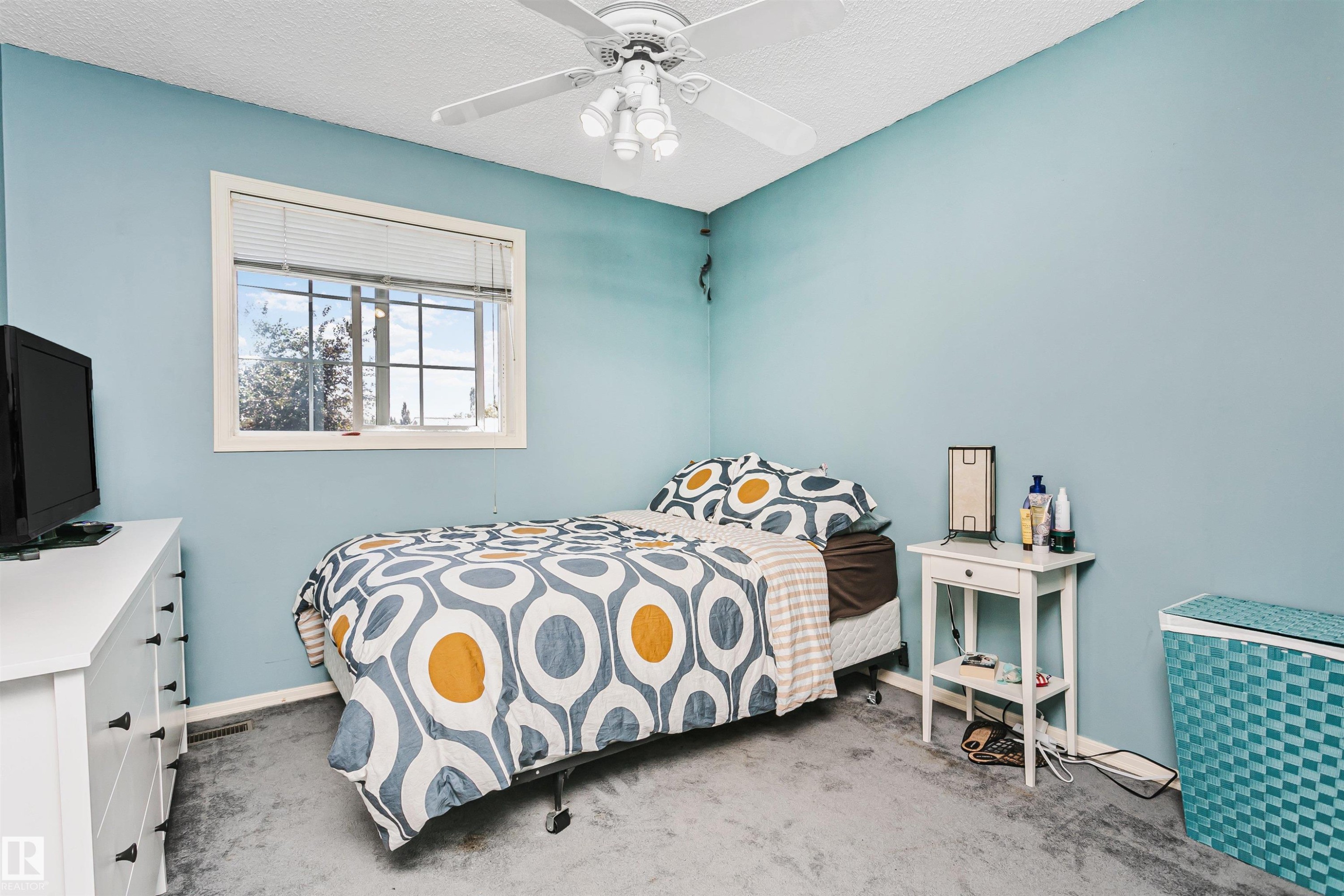 Room featuring a single window with blinds, light blue walls, and grey carpet flooring - 1612 80A Street, Edmonton, AB