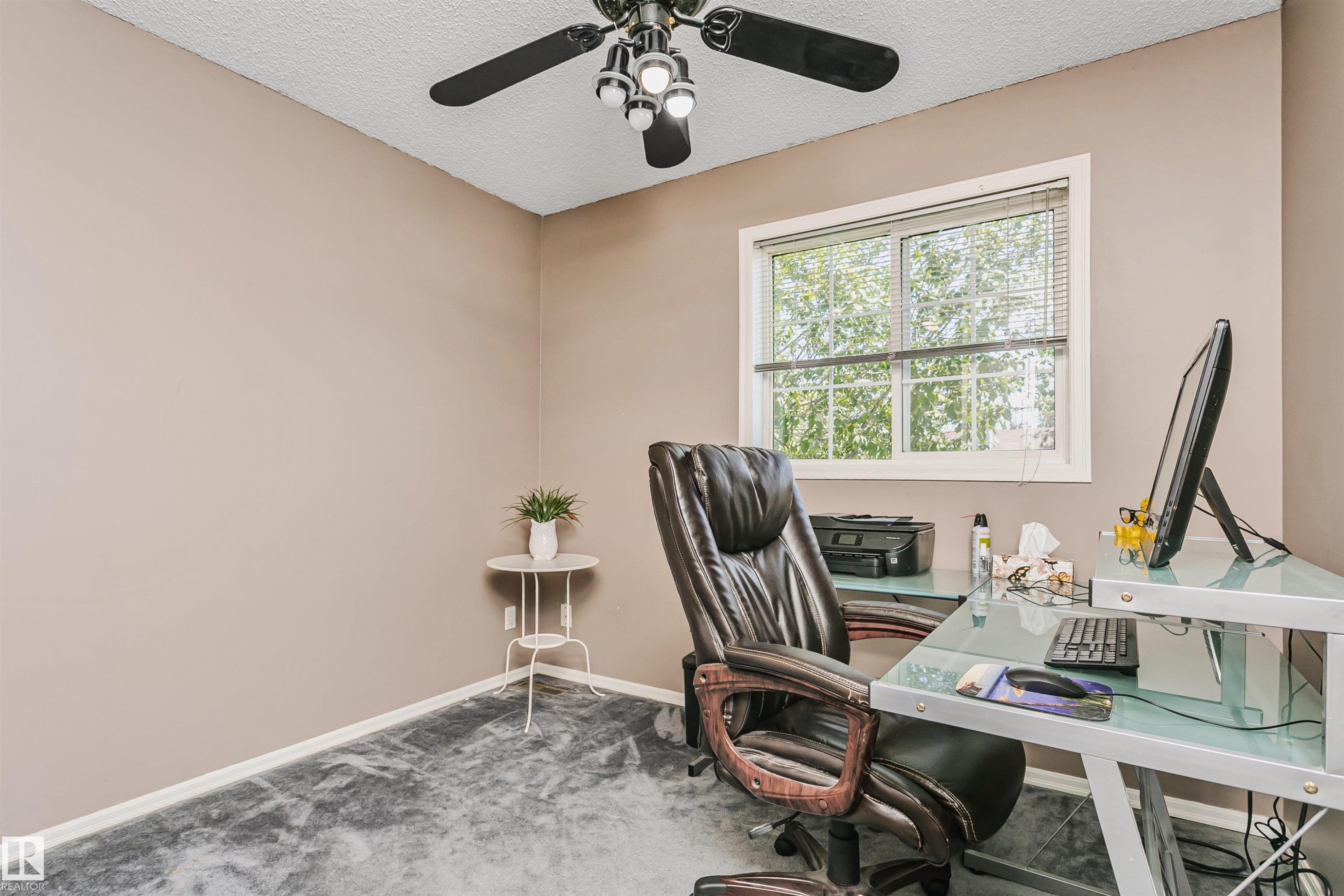 Room featuring a window with exterior tree scenery, textured ceiling, a ceiling fan with light fixture, and neutral-toned wall paint - 1612 80A Street, Edmonton, AB
