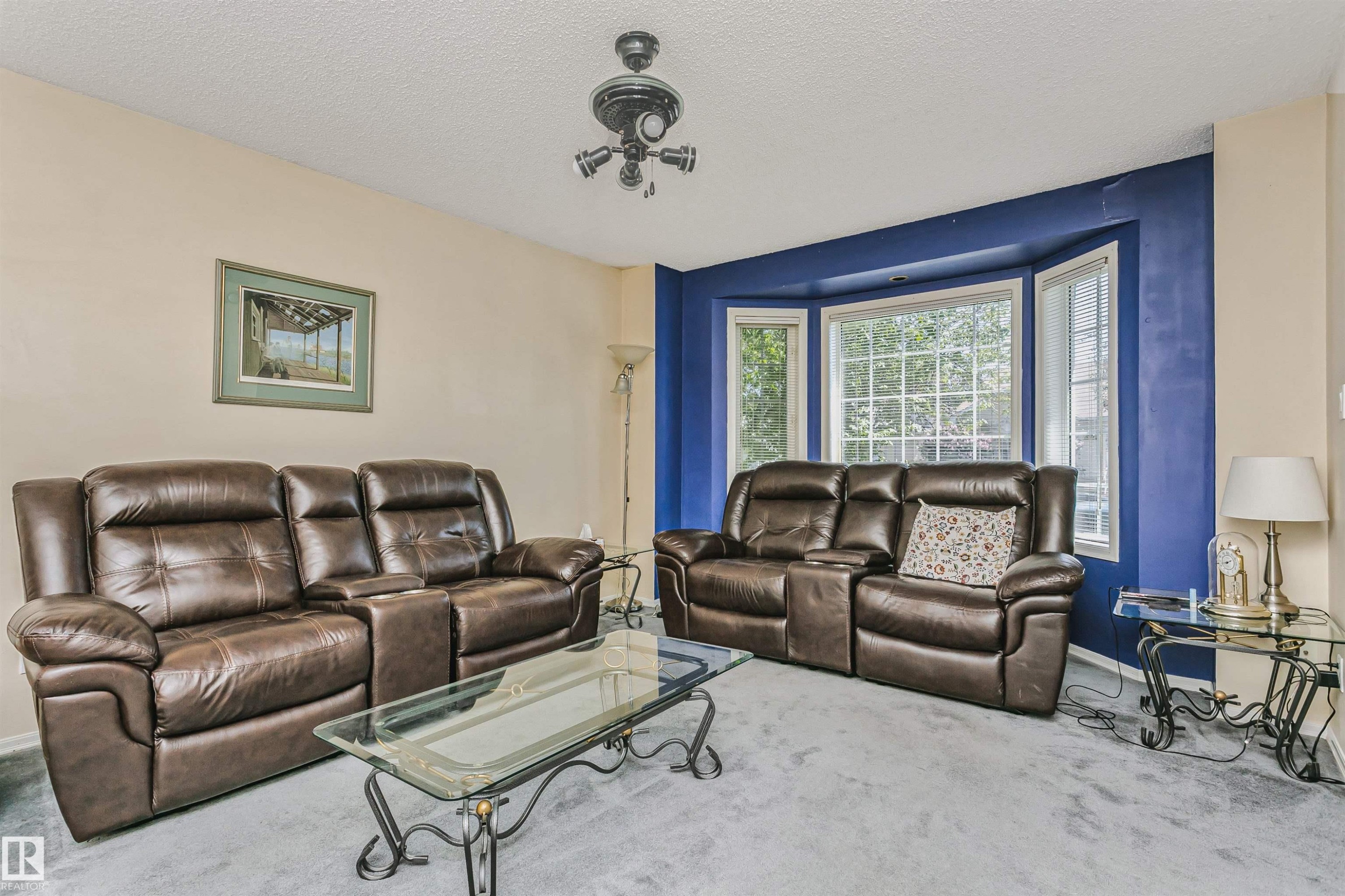 Living area featuring a bay window, ceiling-mounted light fixture, and textured carpeting - 1612 80A Street, Edmonton, AB