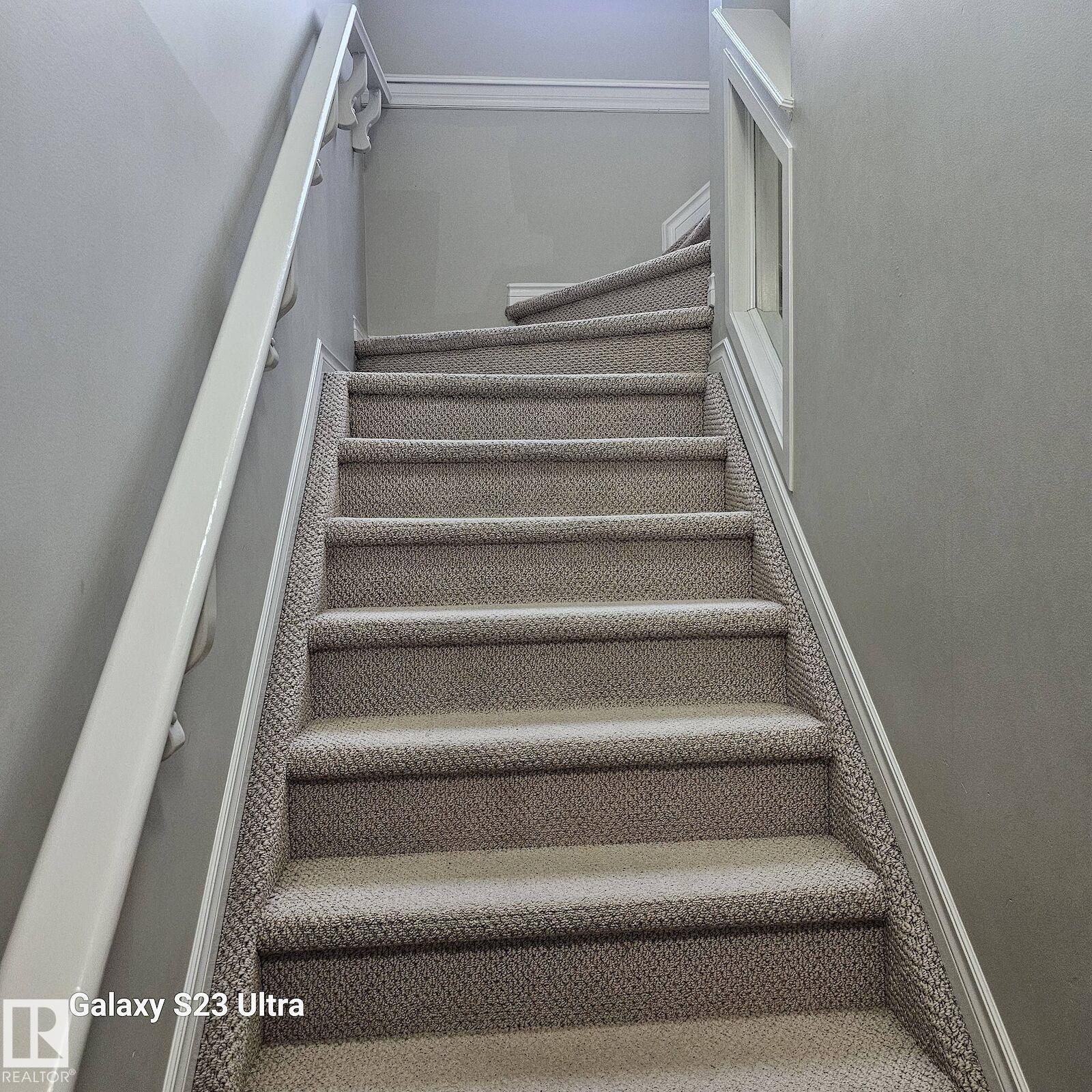 Carpeted staircase featuring a painted handrail and white trim details - 99 13825 155 Avenue, Edmonton, AB
