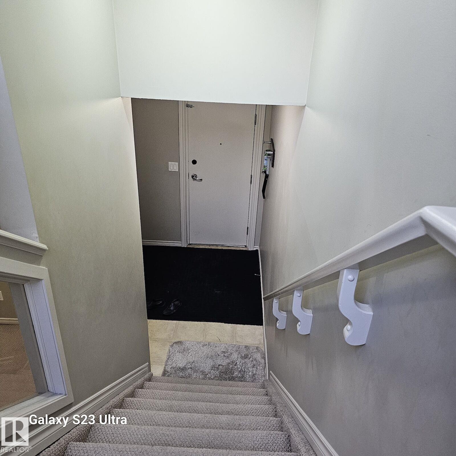 Carpeted staircase with wall-mounted handrail leading to a ground-level entry door - 99 13825 155 Avenue, Edmonton, AB