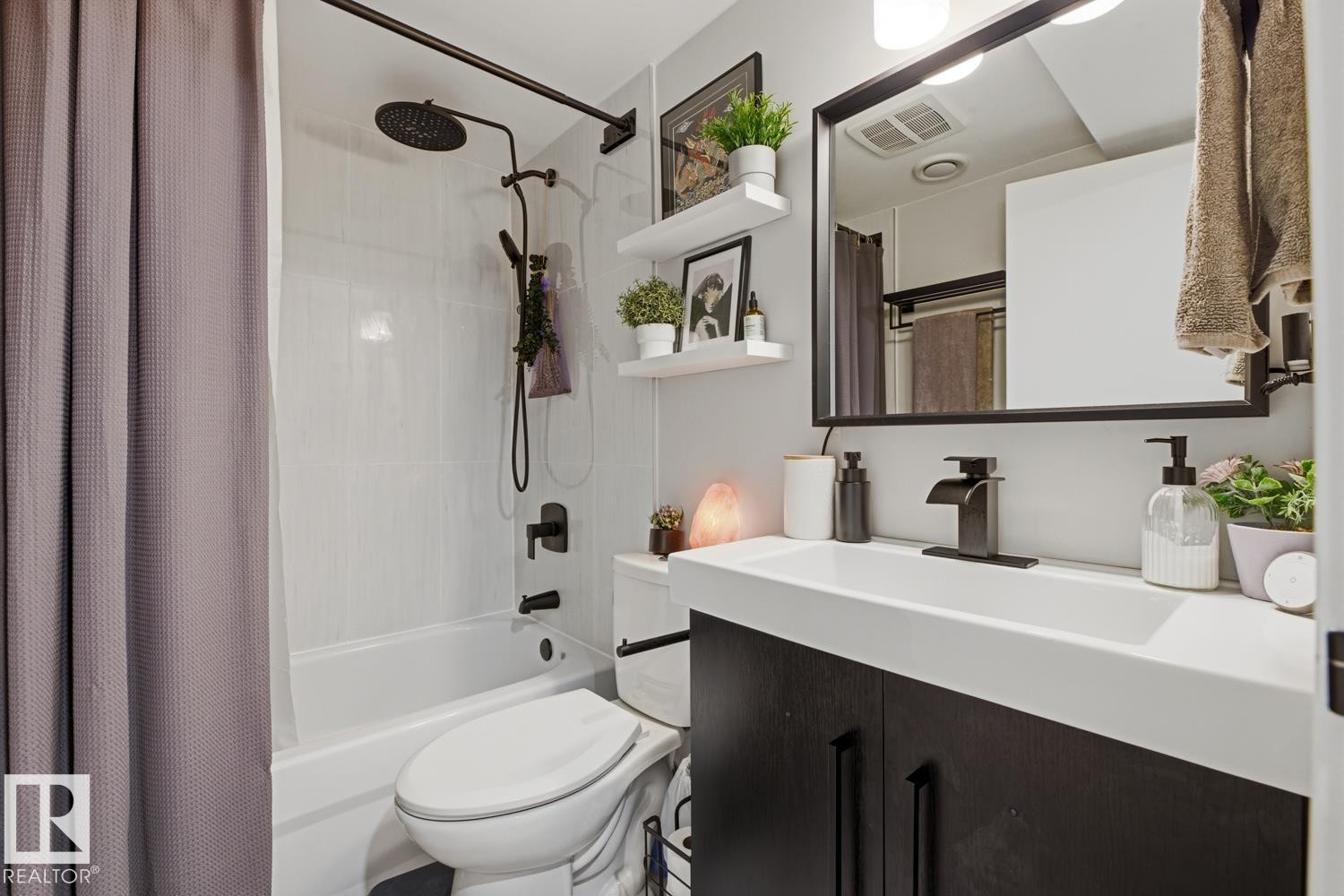 Basement bathroom modern finishes with black hardware and finishes - 10328 73 Street, Edmonton, AB