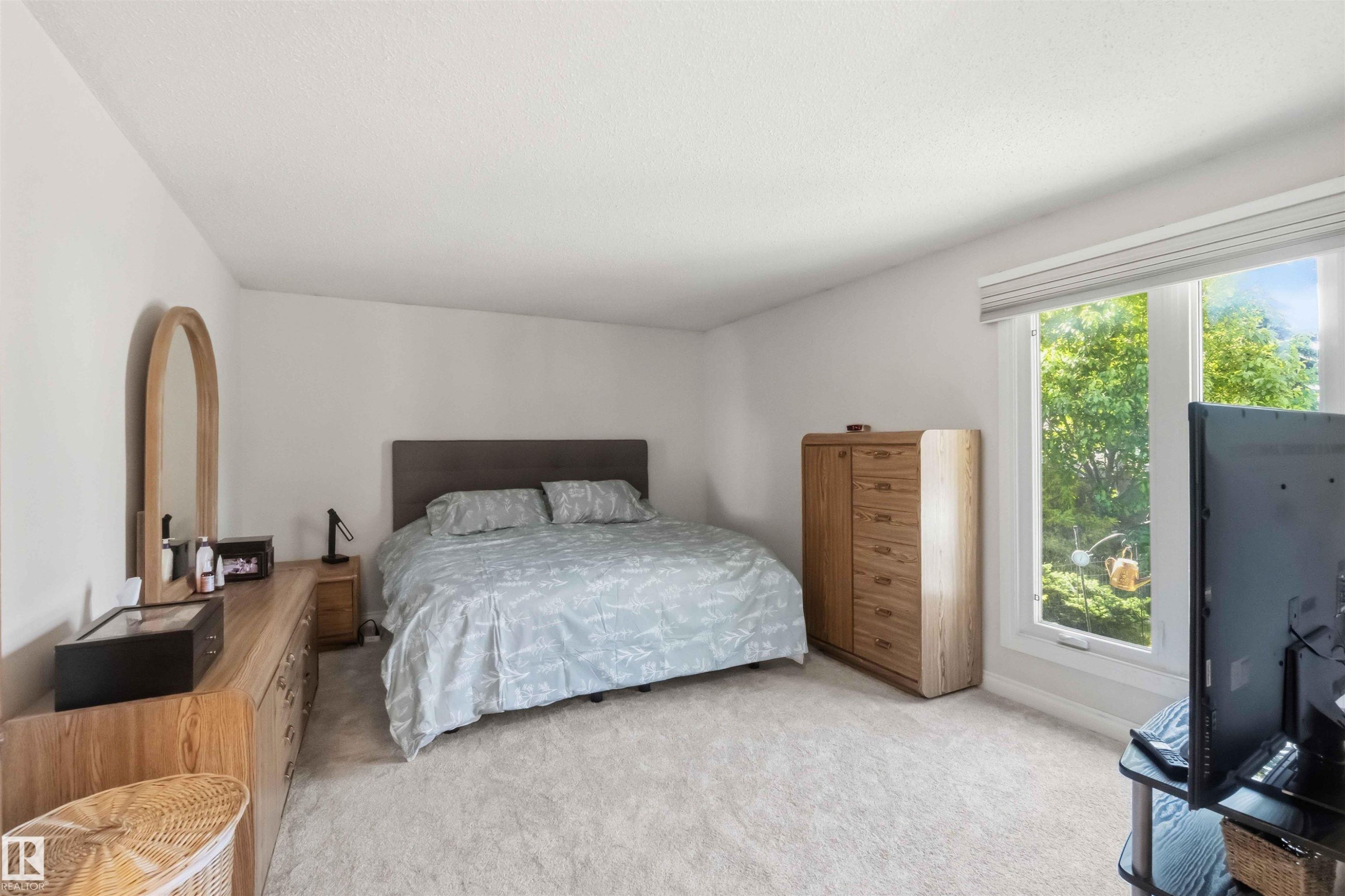 Spacious room featuring light-colored carpeting, white walls, and a large window with exterior tree views - 31 Gariepy Crescent, Edmonton, AB
