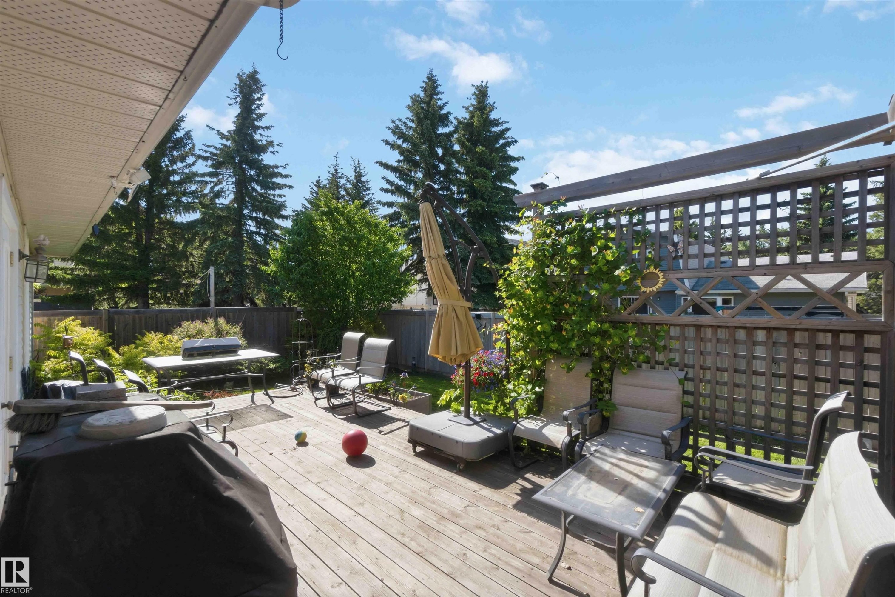 Expansive wood-finish deck with a privacy lattice and mature perimeter trees - 31 Gariepy Crescent, Edmonton, AB