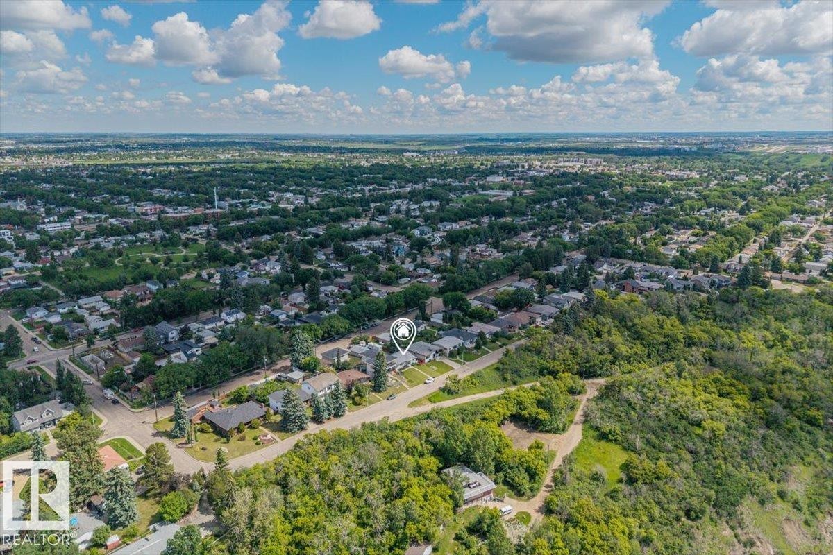 Aerial perspective showcasing a residential area bordered by dense green spaces - 4622 Ada Boulevard Nw, Edmonton, AB - Outdoor With View