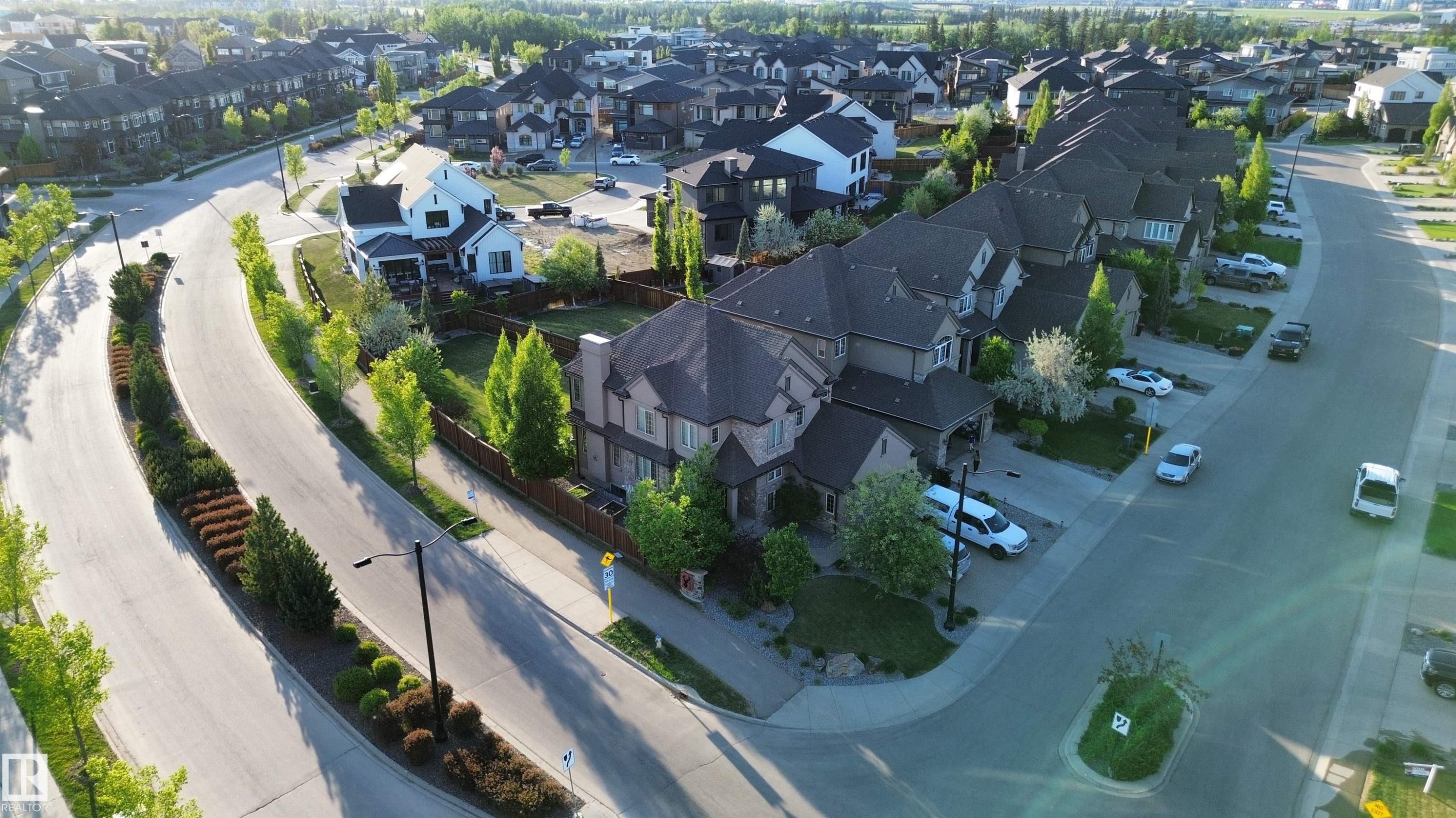 Suburban street with residential properties featuring varied architectural styles and mature landscaping - 1004 Huckell Pl Sw, Edmonton, AB - Outdoor With View