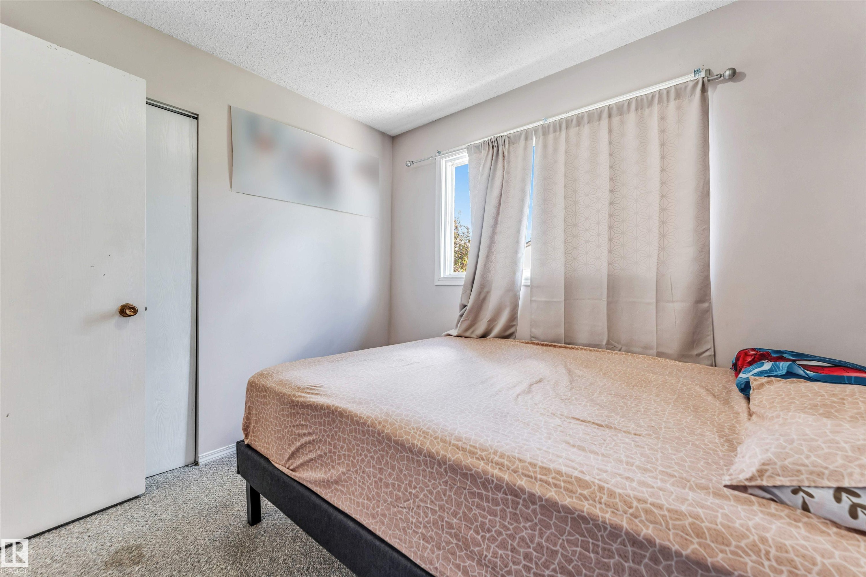 Bedroom featuring a window with natural light, textured ceiling, light-toned wall paint, and gray carpet flooring - 24 1651 46 Street, Edmonton, AB