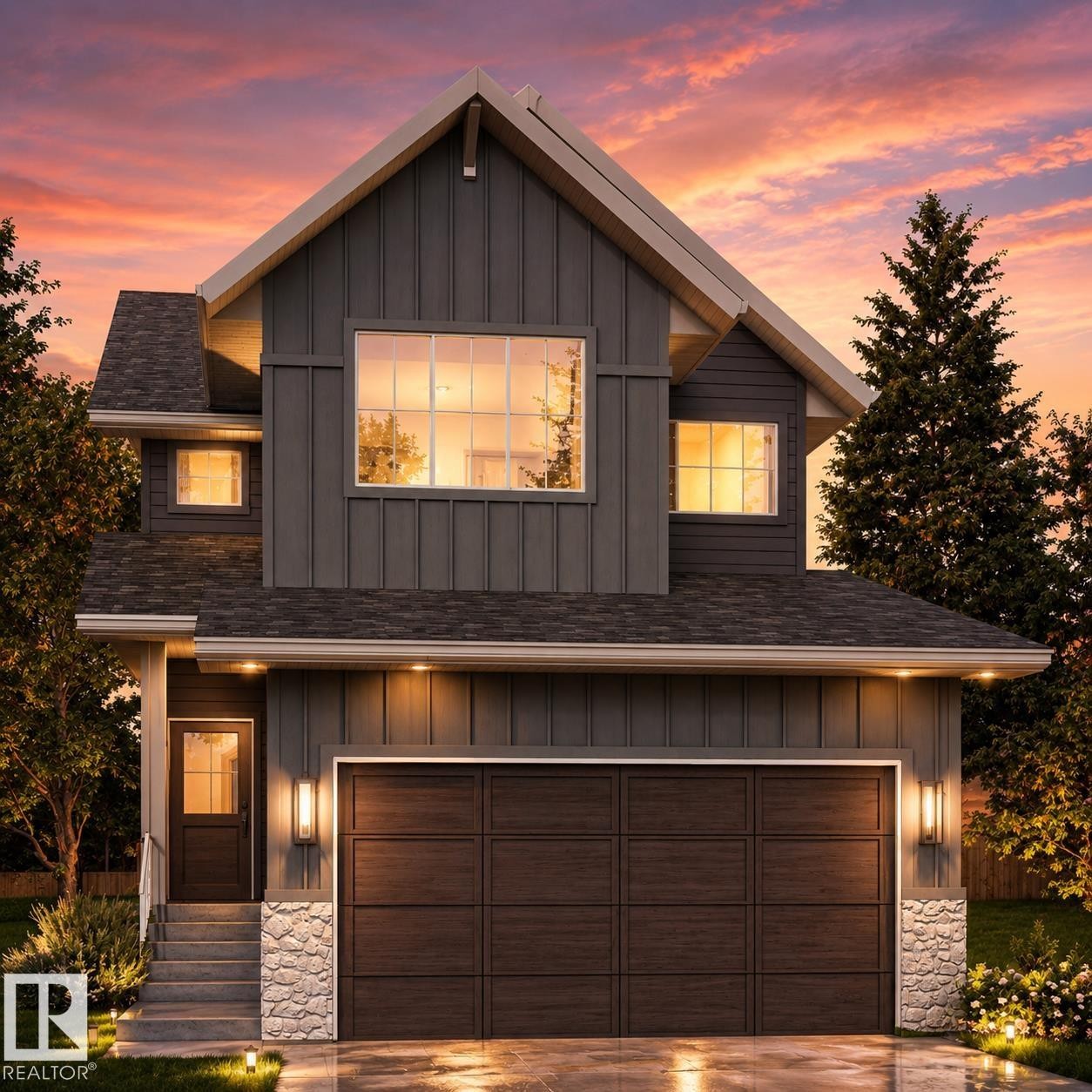 Modern two-story home featuring board and batten siding, a dark wood-finish garage door, stone accents, and exterior lighting - 97 Rosa Crescent, St. Albert, AB