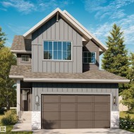 Modern two-story residence featuring a dark gray vertical siding facade, an attached garage with a panel door, and prominent white-framed windows -