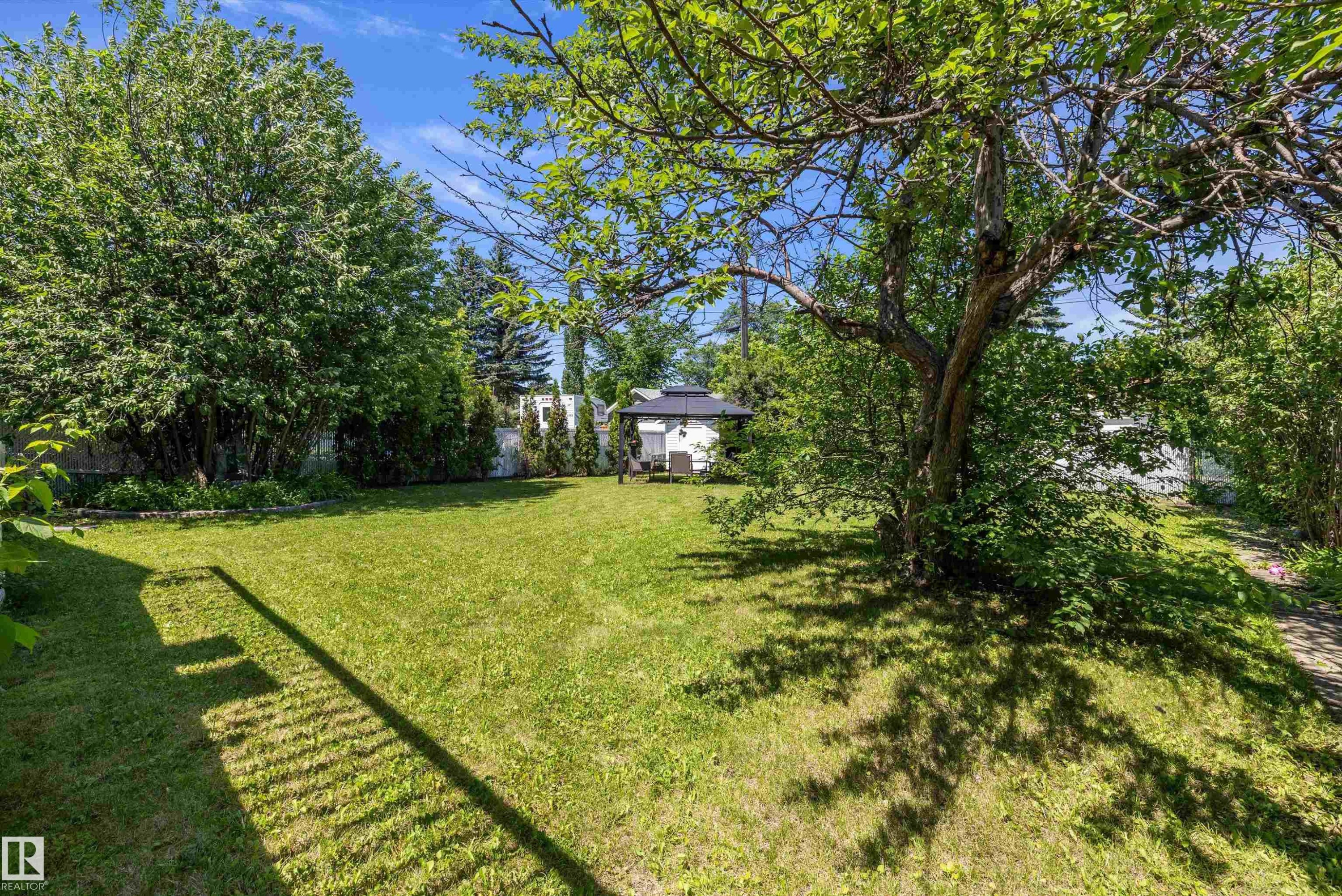 Expansive green lawn surrounded by mature trees and shrubs - 11124 110A Avenue Nw, Edmonton, AB